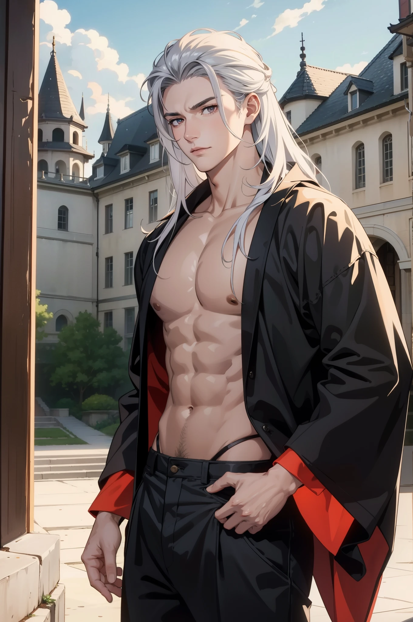 1guy, a handsome crimson dragon man with masculine features, long white hair, yukata, heterochromic eyes, white and red tetradic colors, perfect anatomy, 8k resolution, (Single person), masterpiece, perfectly drawn face, intricate details, castle detailed background, 32k, full lips, muscular guy, cinematic lighting, 