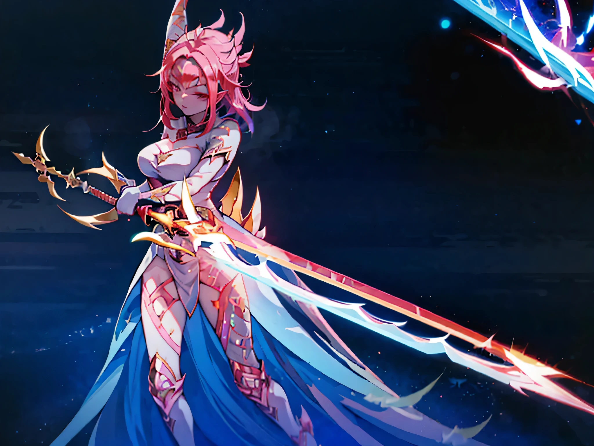 Close-up of man holding sword in game, Gear Aurora, magical sword, glowing sword, Magic wand, wielding a magical sword, dragon staff, glowing dragon staff, dark aura, dual wielding two magical swords, Shining sword, queen of blades, wielding a Magic wand, holographic blade!, Holy necromancer girl