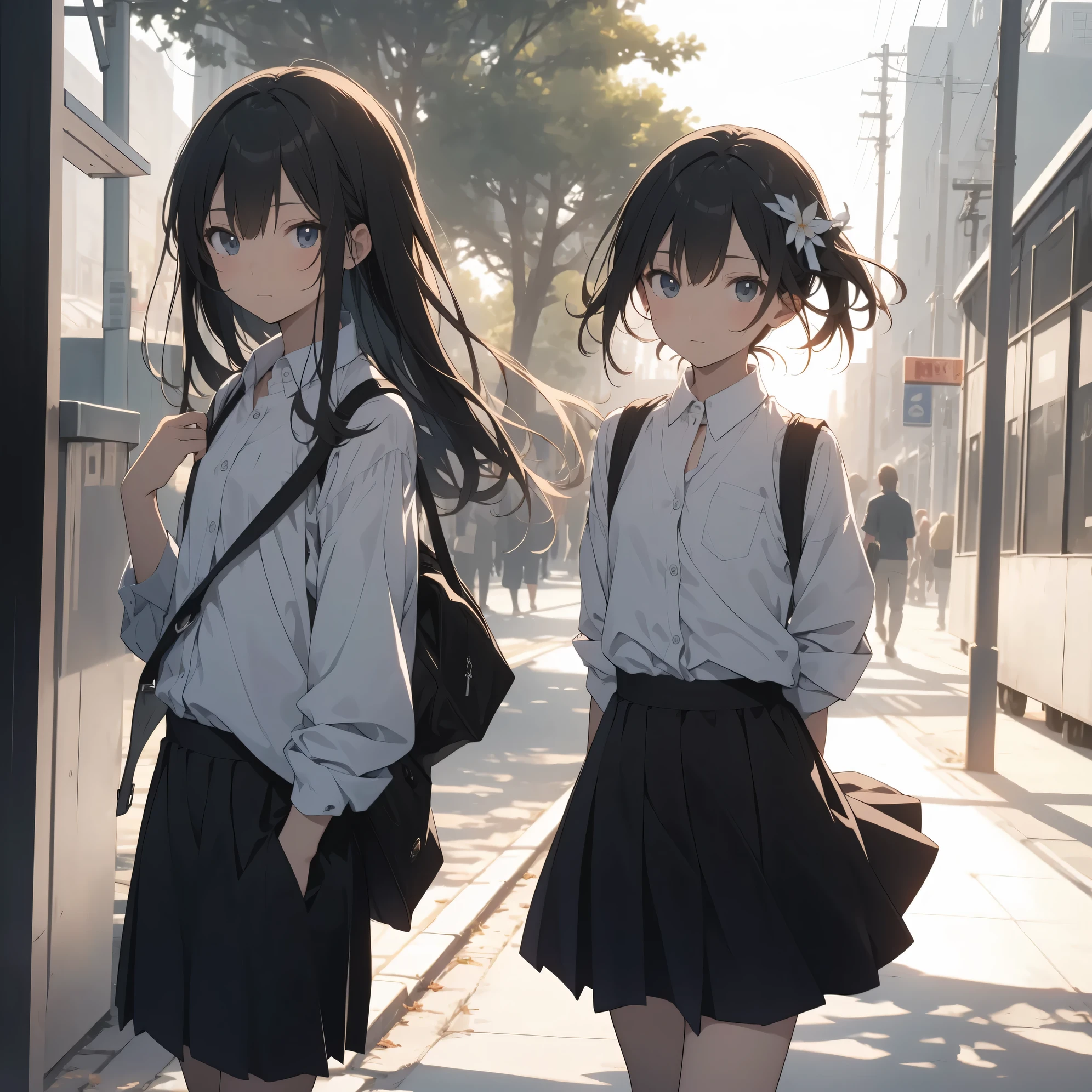 Super high quality by the art god, super detailed, High resolution, anime moe art style, best anime 8K konachan wallpaper, pixiv contest winner, perfect anatomy, break,(眠そうにalone学校へ行く女の子を描いてください. )break, 1 girl, (alone,little woman, lolita, , 13 years old:1.3),All limbs, full finger,, The charm of an immature body, (very short hair), flat chest, small ass, between legs, Small black eyes, beautiful and fine eyes, Well-proportioned iris and pupils, expressive eyes, High resolutionの詳細な髪, ribbon, skirt, collared shirt, hair ornaments, neck ribbon, pleated skirt, school uniform, shirt, white shirt, (detailed lighting), (detailed background), On the way to school. break,super dense skin, Best lighting by famous artists, 8K, figure,UHD, rough skin