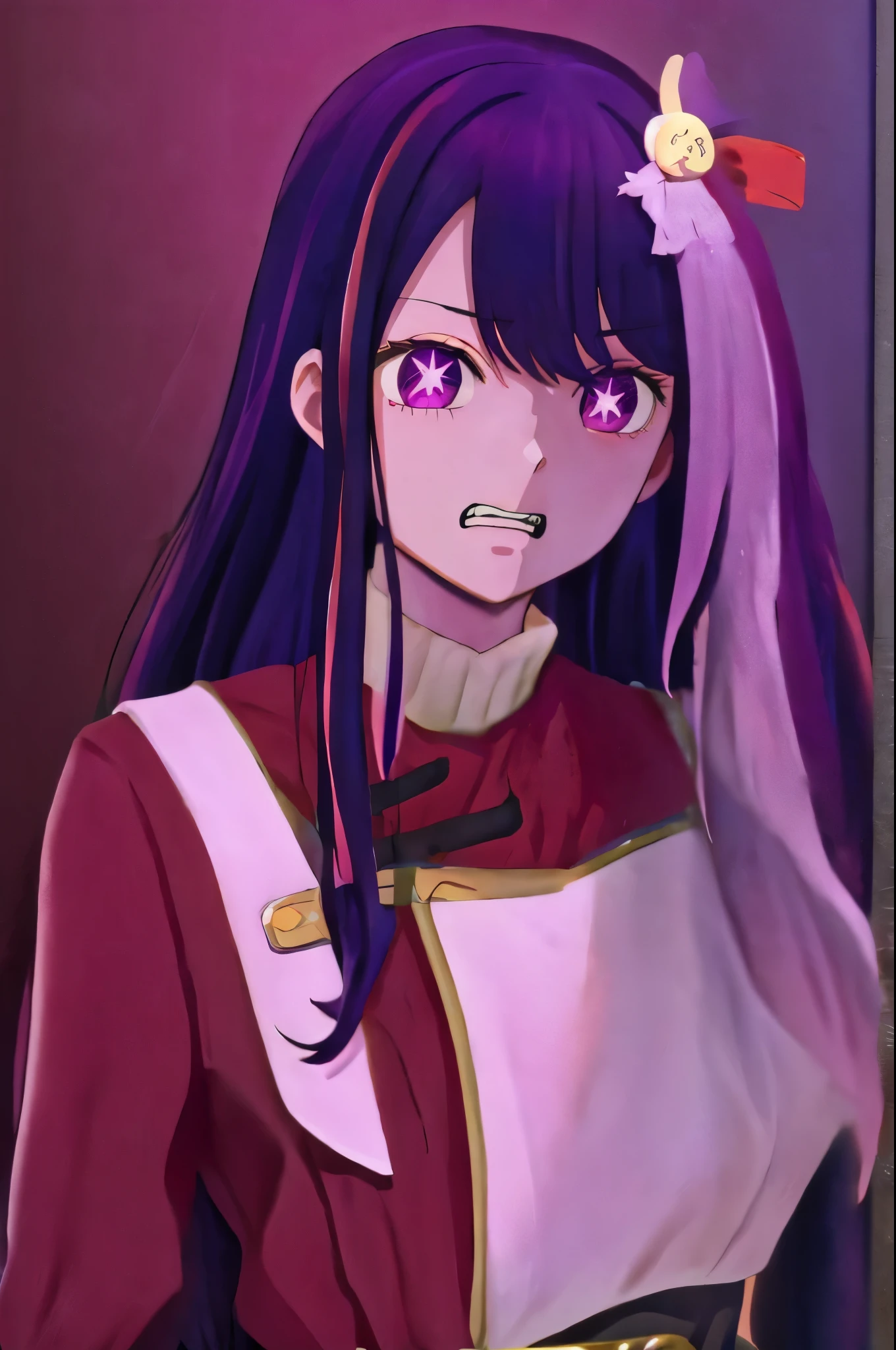 Hoshino Ai, long hair, purple hair, streaked hair ,purple eyes, star-shaped pupils, hair ornament, scared expression

clenched teeth  red twokunf uniform