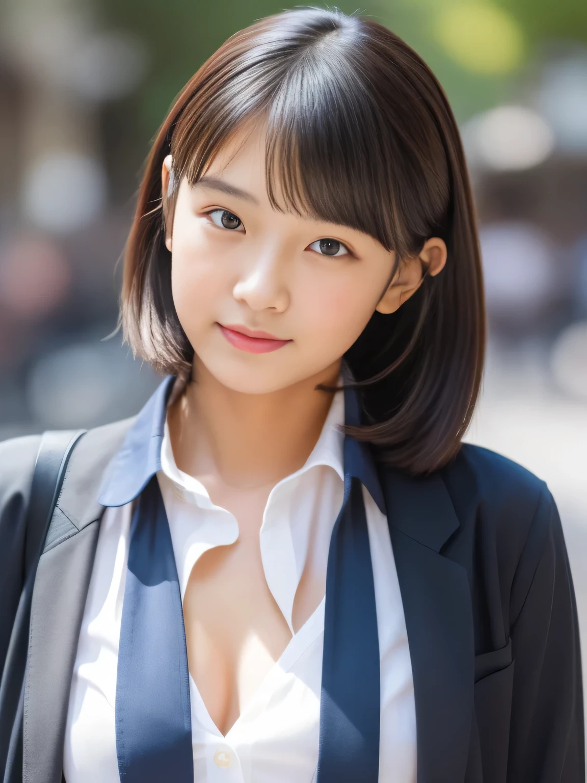 ((highest quality, 8K, masterpiece :1.3)), sharp focus :1.2, beautiful woman with perfect figure :1.4, thin abs :1.2, ((layered haircut, big breasts :1.2)), (Blazer over a very thin white button-up shirt :1.1), city street:1.2, Highly detailed face and skin texture, fine eyes, double eyelid、whole body、short hair、A cute -yeld wo of half Thai and Japanese descent....、tanned skin
