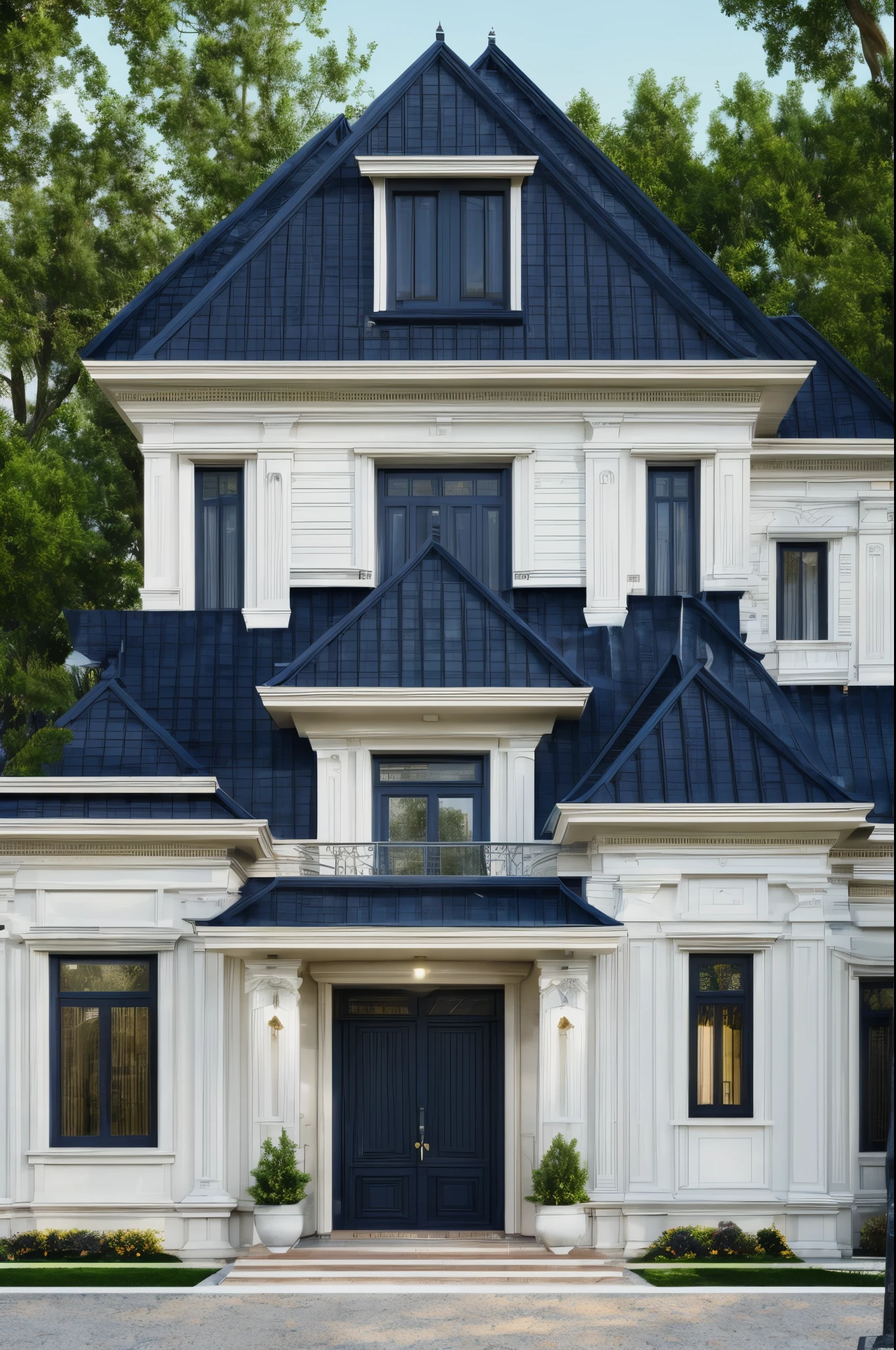 masterpiece, (photorealistic:1.2), best quality, ultra high res, exterior,architechture,modern house,white wall, glass windows,,trees,traffic road,design,trees around, blue sky,in the style of realistic hyper-detailed rendering, 32k uhd, luxury neoclassical villa, in the style of neoclassical scenes, hallyu, white, (dark navy roof:1.2), daylight, decorative art nouveau, les nabis, masterpiece,ultra realistic,32k,extremely detailed CG unity 8k wallpaper, best quality
