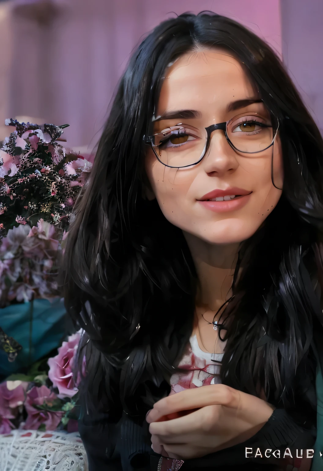 il y a une femme avec des lunettes et une chemise rose qui sourit, Alanis Guillen, Violette Myers, longs cheveux noirs ondulés et lunettes, Mia Khalifa, Photo de profil, Ugly Betty, Brandon Woelfel, Portrait de haute qualité, lorena avarez, Kailee Mandel, Aenami Alena, étudiant, headshot Photo de profilture, mélange de la Saint-Valentin