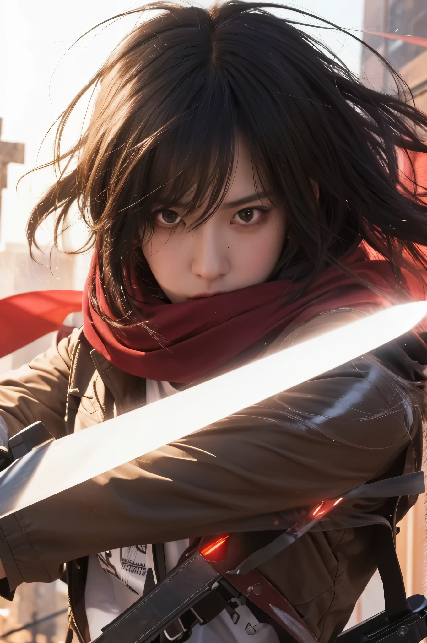 (best quality,4k,highres,masterpiece:1.2),ultra-detailed,realistic,teenager, black hair,light brown jacket,white shirt,sharp eye, beauty,red scarf,swinging sword,aggressive expression,sharp focus,powerful stance,vibrant colors,dramatic lighting,gritty texture,urban background,action-packed scene,dynamic composition,heroic proportions,