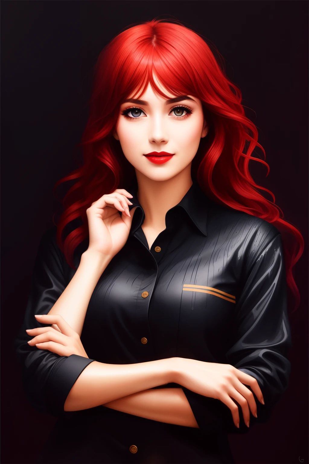 beautiful woman, red hair, black shirt, golden ratio, young, wet shirt, open shirt, eyeshadow, kneeling, woman, smiling, red lips, nostalgia, hand gesture, sexy, professional, office background, majestic oil painting by Mikhail Vrubel, Atey Ghailan, by Jeremy Mann, Greg Manchess, WLOP, Charlie Bowater, trending on ArtStation, trending on CGSociety, Intricate, High Detail, Sharp focus, dramatic, photorealistic, black background, epic volumetric lighting, fine details, illustration, (masterpiece, best quality, highres)