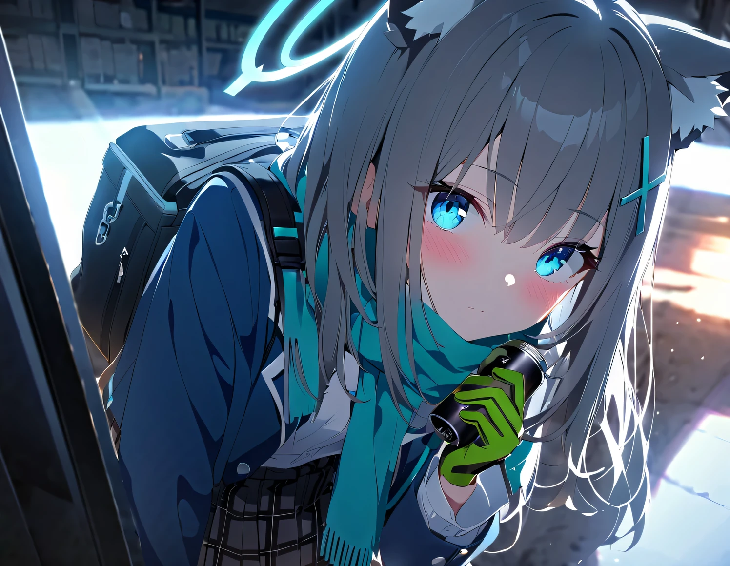 Shinkai_Makoto_style 1girl green_archive shiroko_(green_archive) animal_ear_fluff animal_ears bag black_skirt green_eyes green_jacket green_scarf blush is closed_Mouth cowboy_shot cross_hair_decorative eyes_appear_through_hair from_side gloves green_gloves hair_between_eyes hair_ornament halo holding holding_The can jacket is tilted_long before_looking for sleeves_in_viewer open_clothes open_jacket plaid plaid_skirt pleined_skirt scarf school_uniform shirt shoulder_bag single_glove skirt solo standing white_shirt wolf_ears
, masterpiece, highest quality, 8K,illustrinion,(detailed lighting),UHD, Anime Skins
