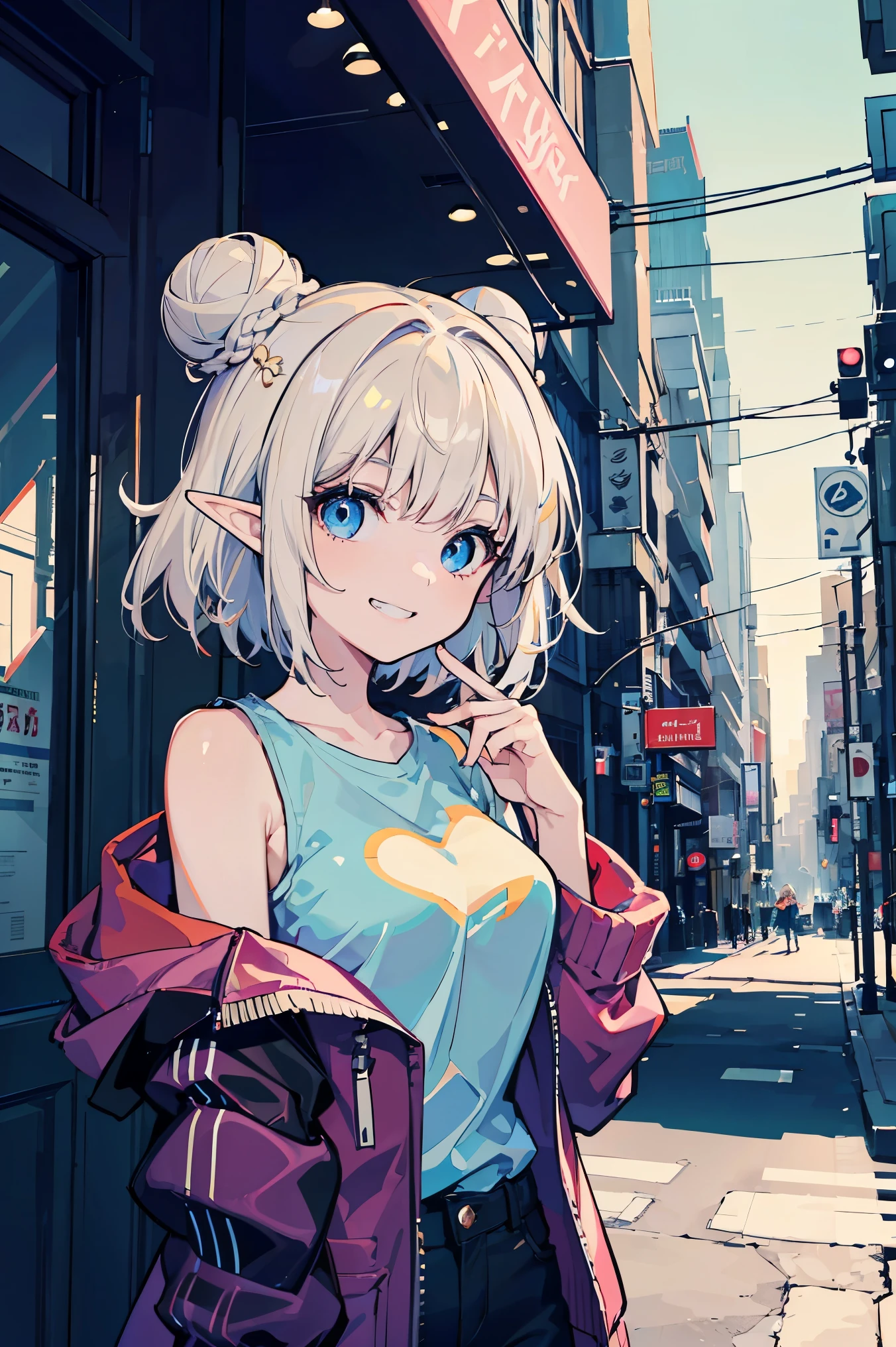 (1 Elf Girl), Upper body, (beauty elf girl), (Super high quality), masterpiece, casual scene, relaxed atmosphere, get a drink, she is dressed in a trendy outfit, stylish jackets and pants, Comfortable boot cut, Sunlight that gives off warm tones, Street atmosphere, urban environment. perfect body, (E cup:1.2), logo t-shirt、 grin and laugh, Fresh, (asymmetrical bangs:1.3), braid bun hair, short hair, highly detailed face and eyes, (white blonde hair, deep blue eyes:1.2),cyber punk, Science fiction, (bare shoulders), digital art, beautiful, cinematic lighting, by Yusuke Murata.Tonalism, romanticism, modern art, Impressionism, reflected light, 8K, masterpiece, advanced details, highest quality, exact 5 fingers