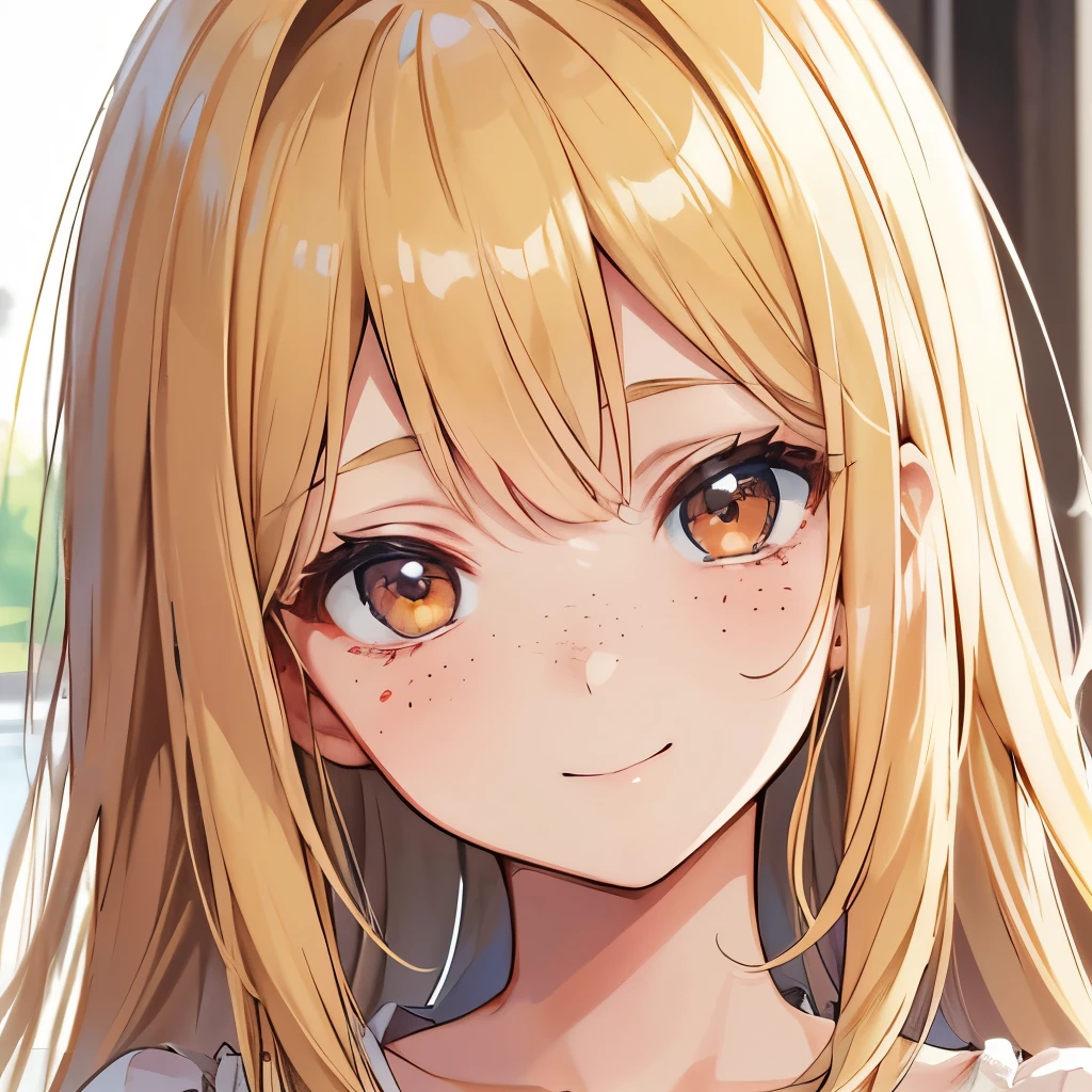 A girl, pretty face, face close up, blonde hair, brown eyes, freckles, innocent, smiling