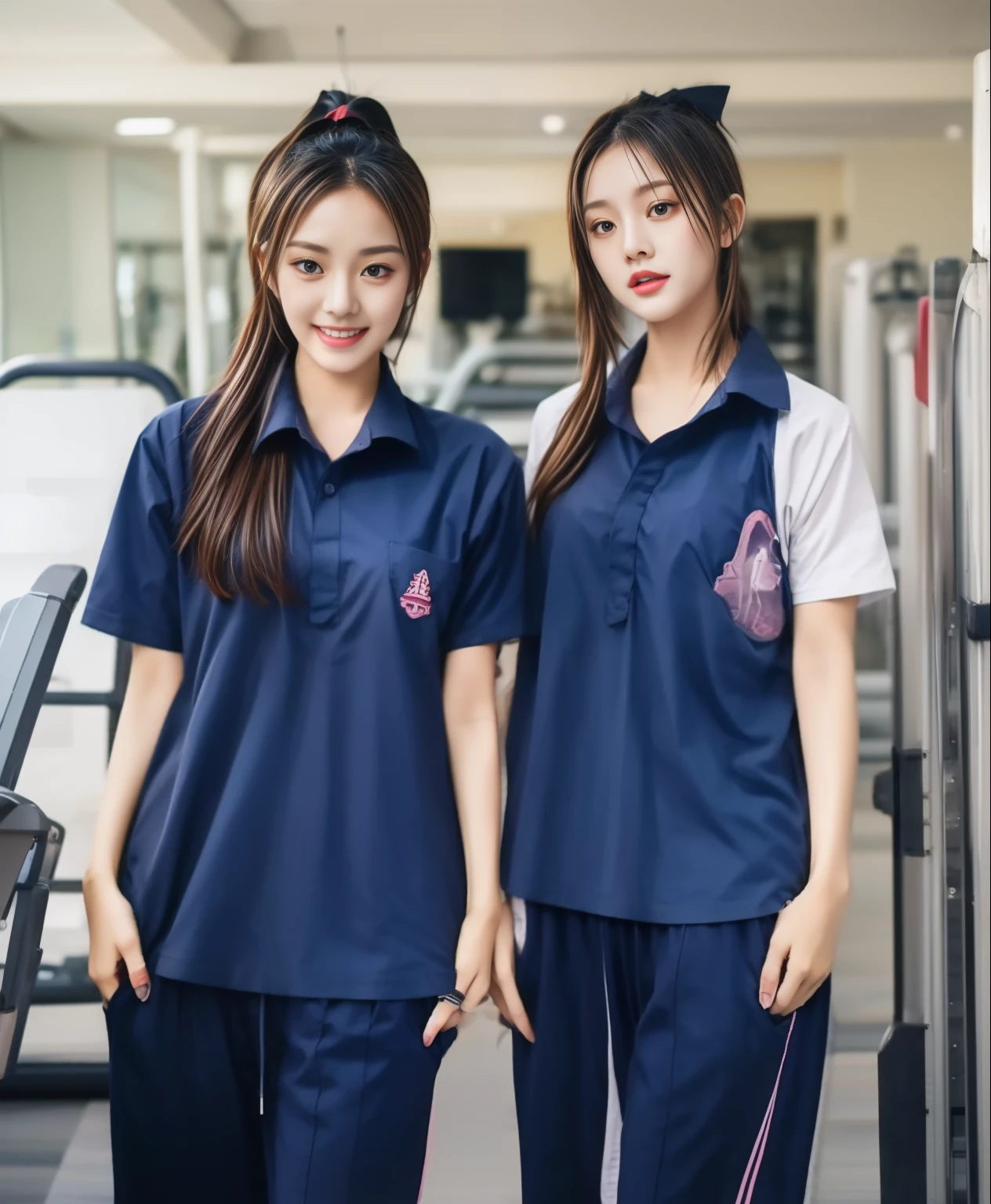 3 girls in fitness center, Navy blue short-sleeved shirt,Navy Long Trackpant,Sweatpants, Sweatpantsขายาว,25 year old girl, lesbian, sexy, exercise clothes, wet body, exercise clothes