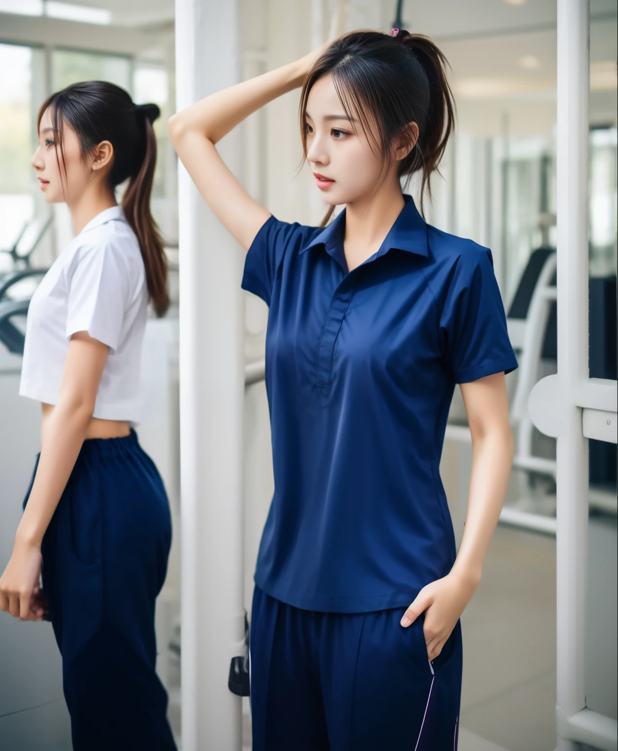 3 girls in fitness center, Navy blue short-sleeved shirt,Navy Long Trackpant,Sweatpants, Sweatpantsขายาว,25 year old girl, lesbian, sexy, exercise clothes, wet body, exercise clothes
