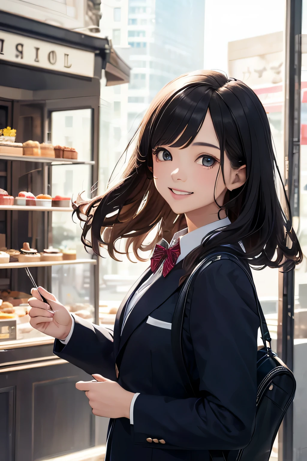 very cute and beautiful girl,Ten generations,(very detailed美しい顔と目:1.2),
(blue blazer school uniform, Pleated standing in front of a cake shop window,
smile,Happy,cowboy shot,have a school bag,hairpin,black hair,downtown street,
(highest quality,masterpiece:1.2),disorganized,High resolution,super detailed,very detailed,32K,8K resolution,
intricate details,movie-like scene,detailed background,alone,dynamic angle,hair blowing in the wind,