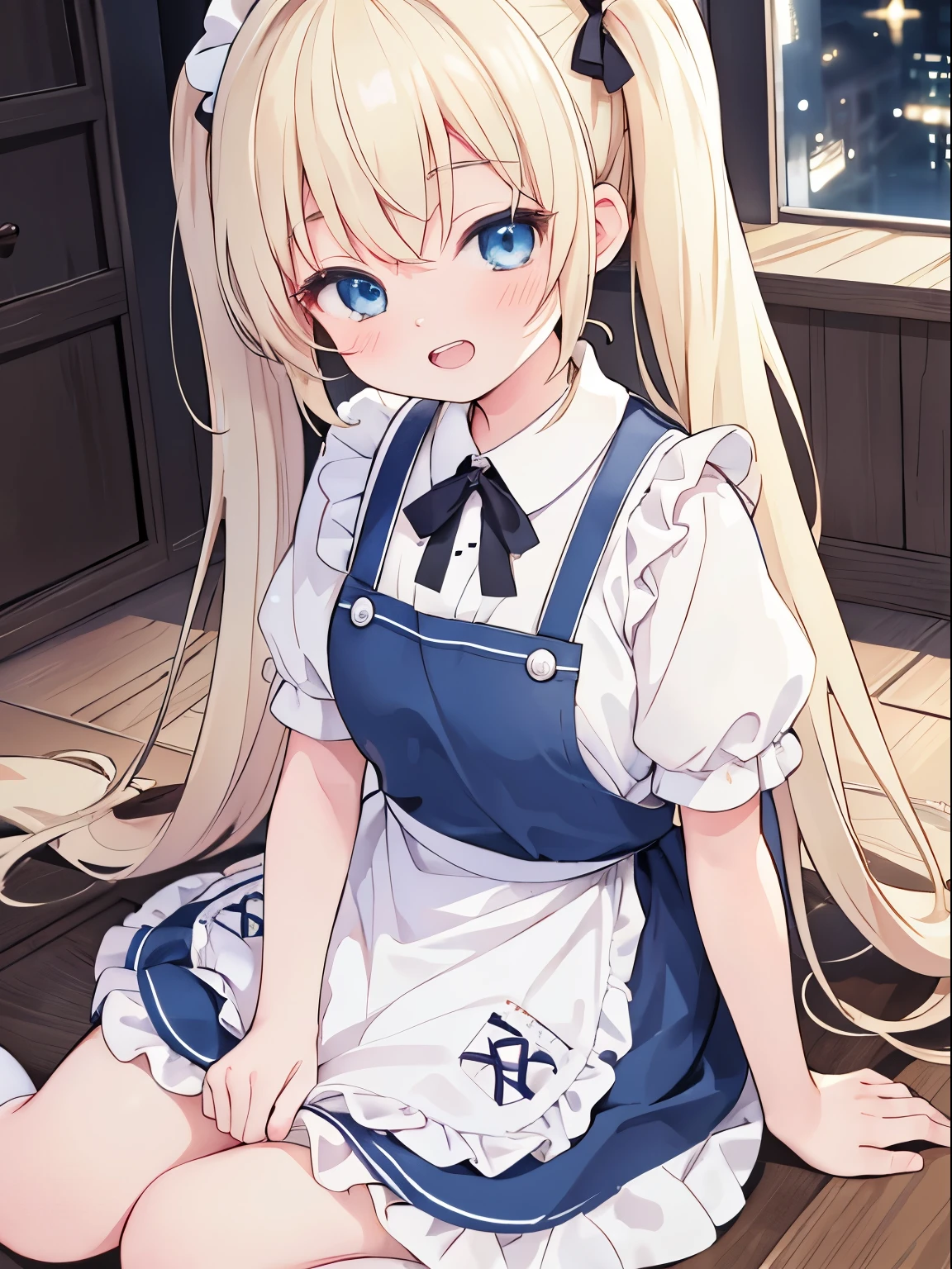 (best quality,4k,very detailed),cute girl,light blond hair,blue eyes,very long twin tails,laughing,double teeth,closed eyes,looking at viewer,lens flare,cute apron, movie , dark room, under ground, sitting