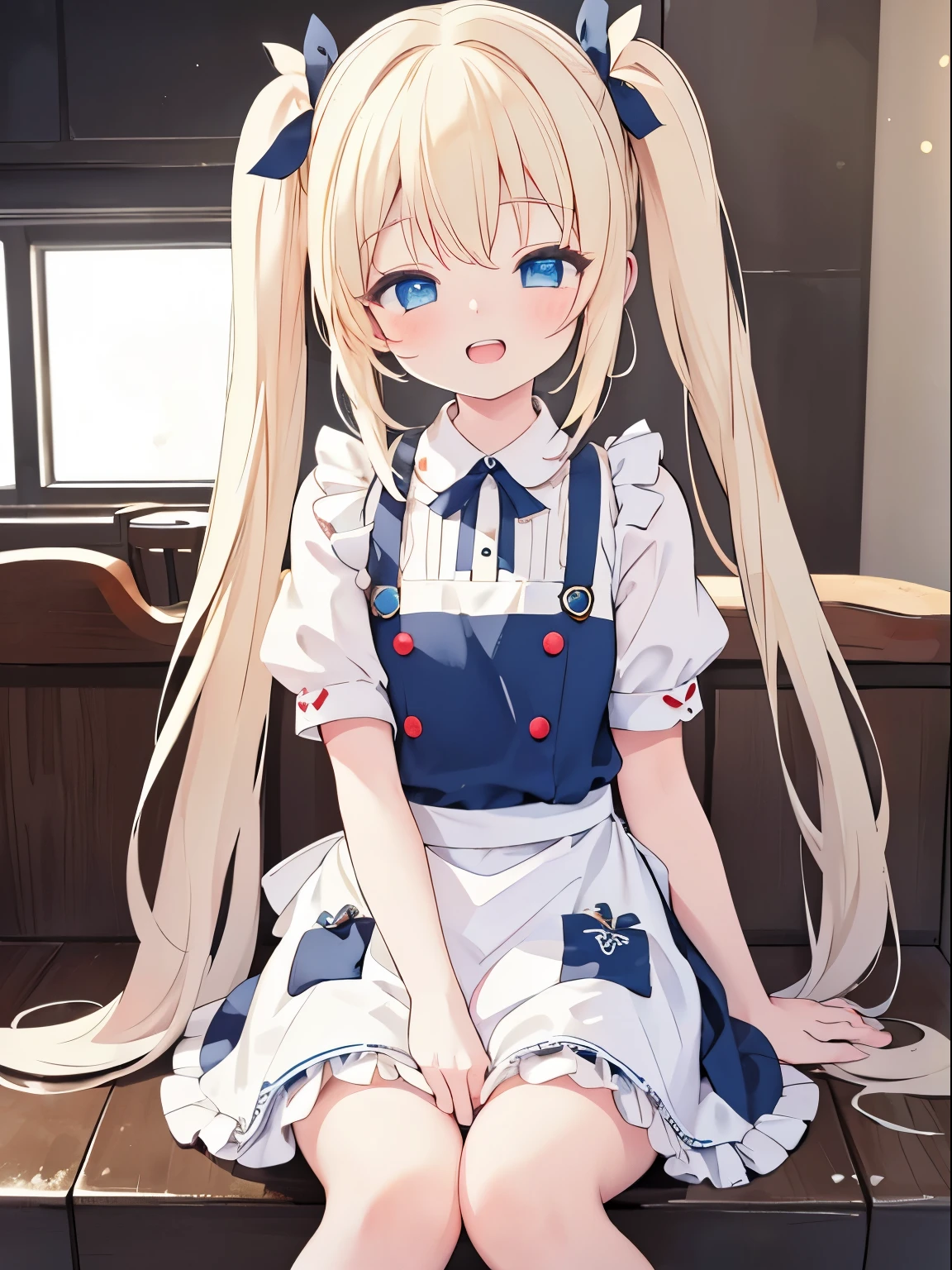 (best quality,4k,very detailed),cute girl,light blond hair,blue eyes,very long twin tails,laughing,double teeth,closed eyes,looking at viewer,lens flare,cute apron, movie , dark room, under ground, sitting
