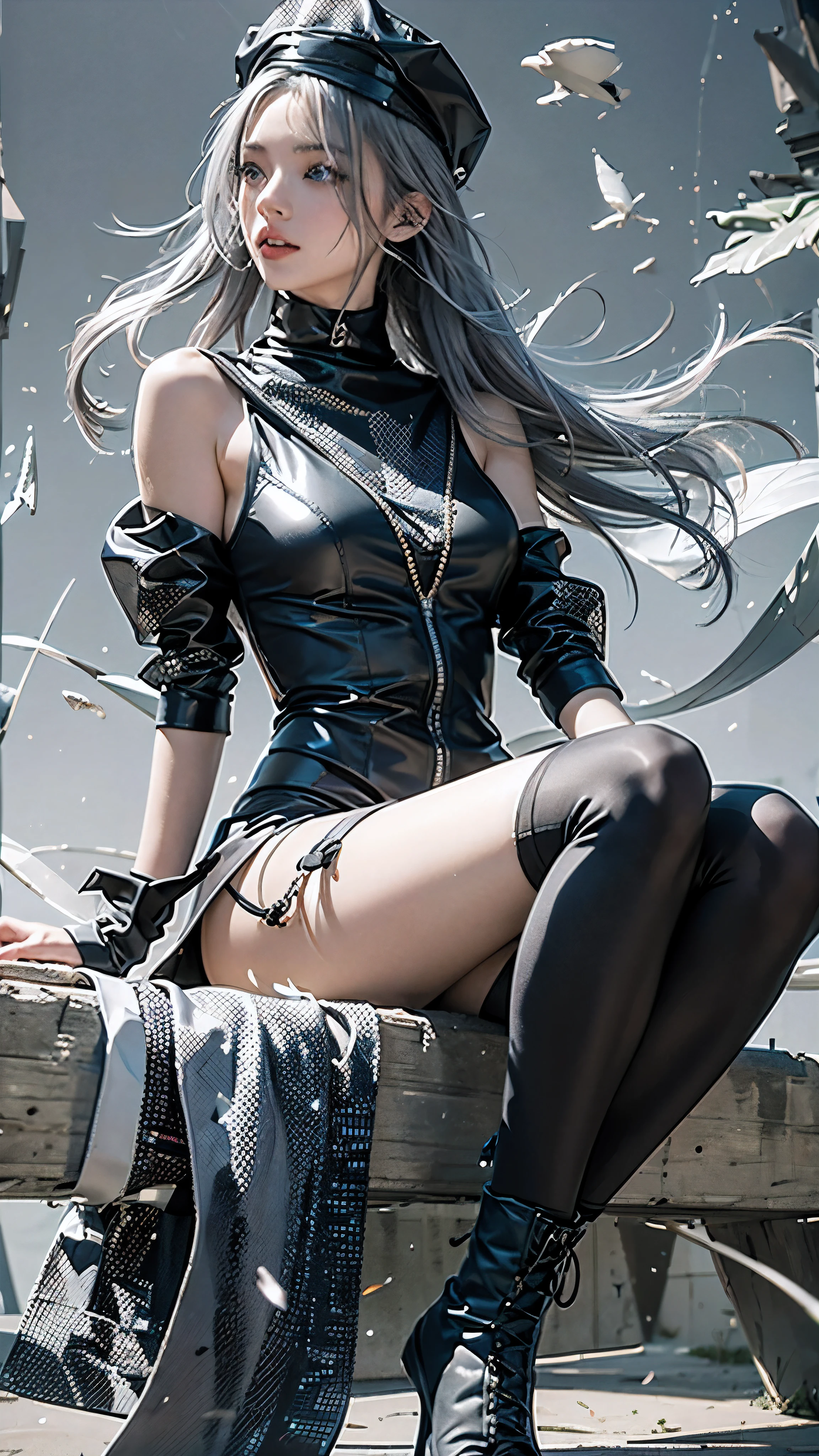 masterpiece, best quality, 1 woman, alone, Silver long hair, gray baggy pants, black tank top, Black boots, black fingerless gloves, blue eyes,