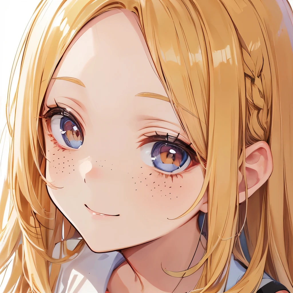 A girl, pretty face, face close up, blonde hair, hazel eyes, freckles, innocent, smiling, long hair, large forehead, happy