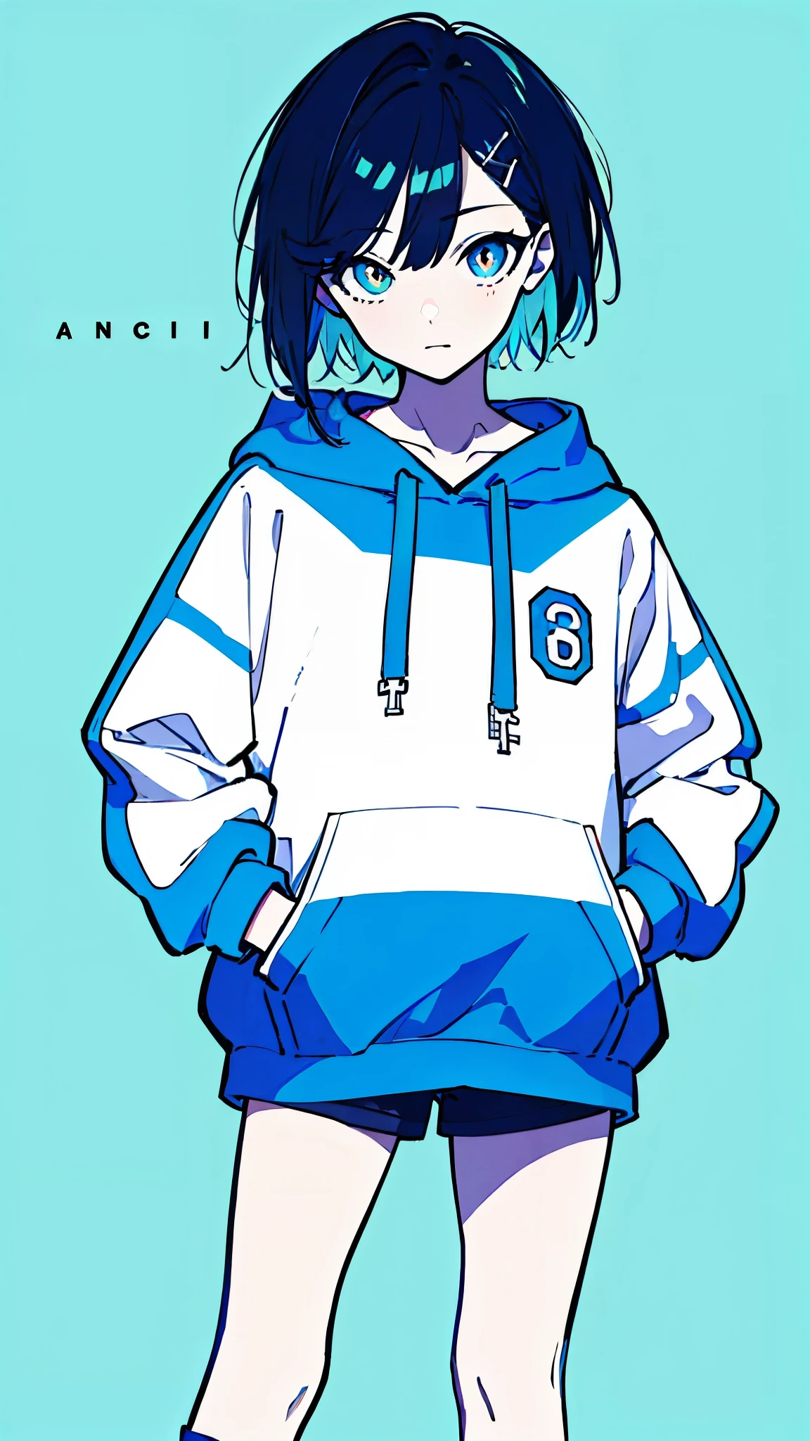 (masterpiece, highest quality:1.6), alone, thick outline, (simple background, light blue background, monochrome, light blue theme:1.2), official art, Key Visual, 8K, disorganized, whole body, (unique hair, Oversized Hoodies, hot pants, arch back, short torso:1.2), belly button, thighs, cowboy shot, HDR, sharp focus, High resolution, most detailed, very detailed, Super detailed, finely, detailed eyes and face, sharp pupils, realistic student, solo, blue and white contrast, solo, hands in pockets, dynamic pose