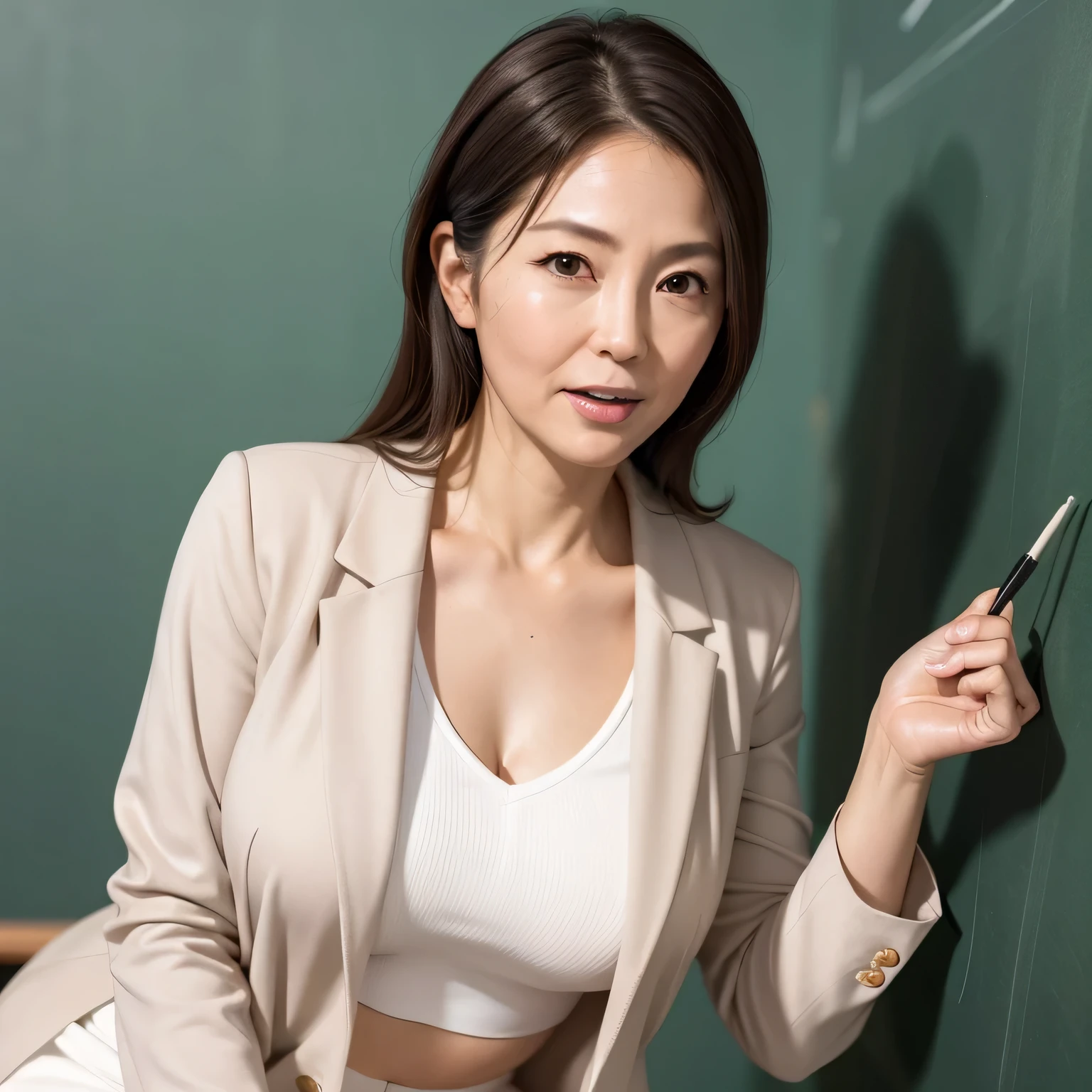 High resolution, High level image quality, high detail, masterpiece, rough skin, anatomically correct, sharp,
classroom background,
((japanese mature, 50 years old)), alone, ((facial wrinkles)), good shape big breasts, Straight light brown hair that reaches to the shoulders,
(((write on the blackboard,))), Staring straight ahead with an open mouth and a tired face,
gray blazer, white blouse, white skirt,