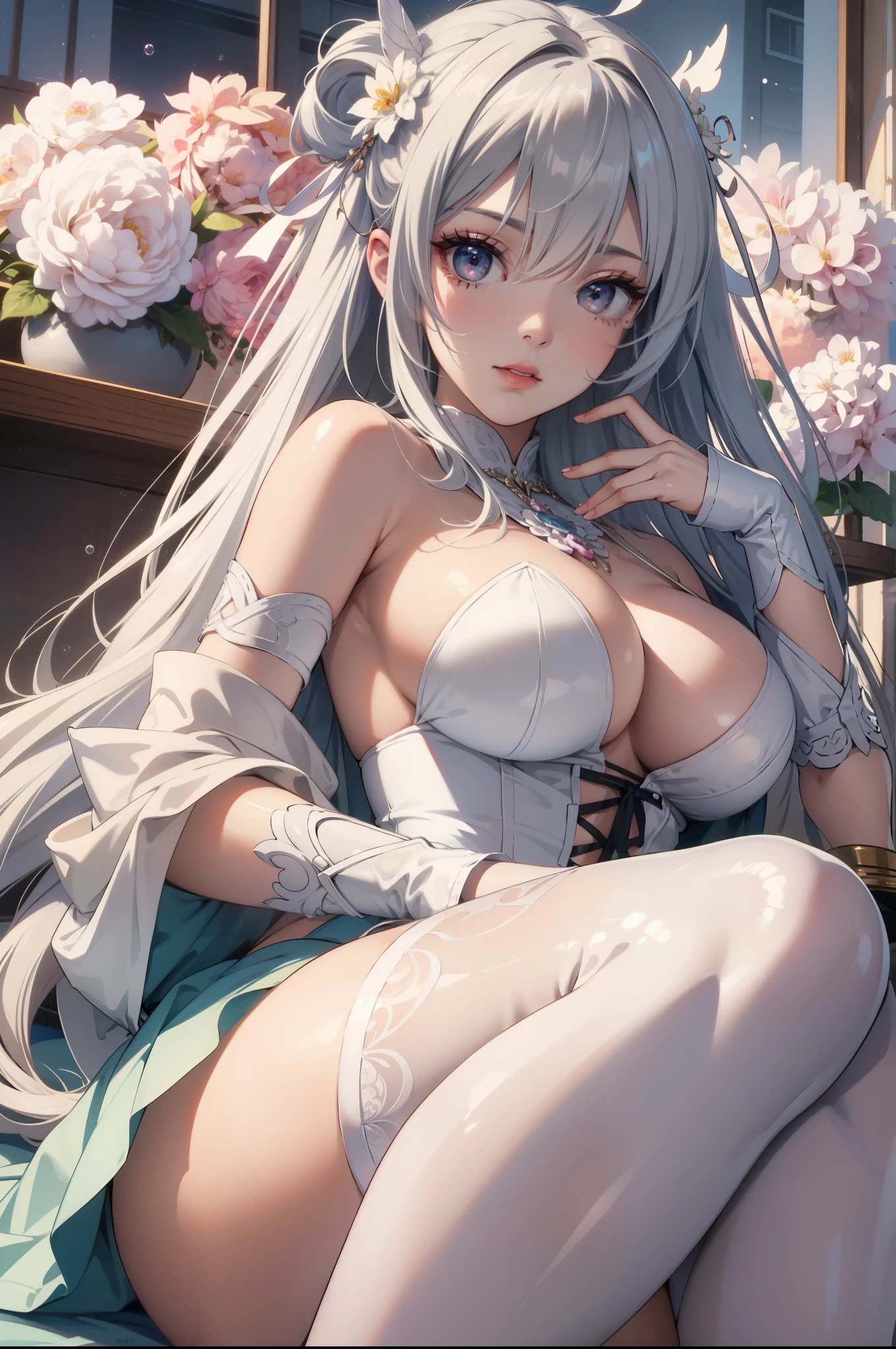 ethereal vampire, soft fair skin, white hair, white eyes, pink corset, white tight clothing, thigh-highs, bubble butt, huge breasts, starlight, cotton candy, ta fashion, thighs, artstation, trending, ultra HD, 4k, detailed anatomy, (shiny skin), ((oiled skin)), dramatic lighting, high contrast, kawaii, skin indentation, delicate, high quality unreal engine 5, pretty , ultra realistic style, detailed face, flower accessory, soft pastel background color, art by sakimichan, uncovered, Unreal Engine 5, Cinematic, Color Grading, portrait Photography, Ultra-Wide Angle, Depth of ield, hyper-detailed, beautifully color-coded, insane details, intricate details, beautifully color graded