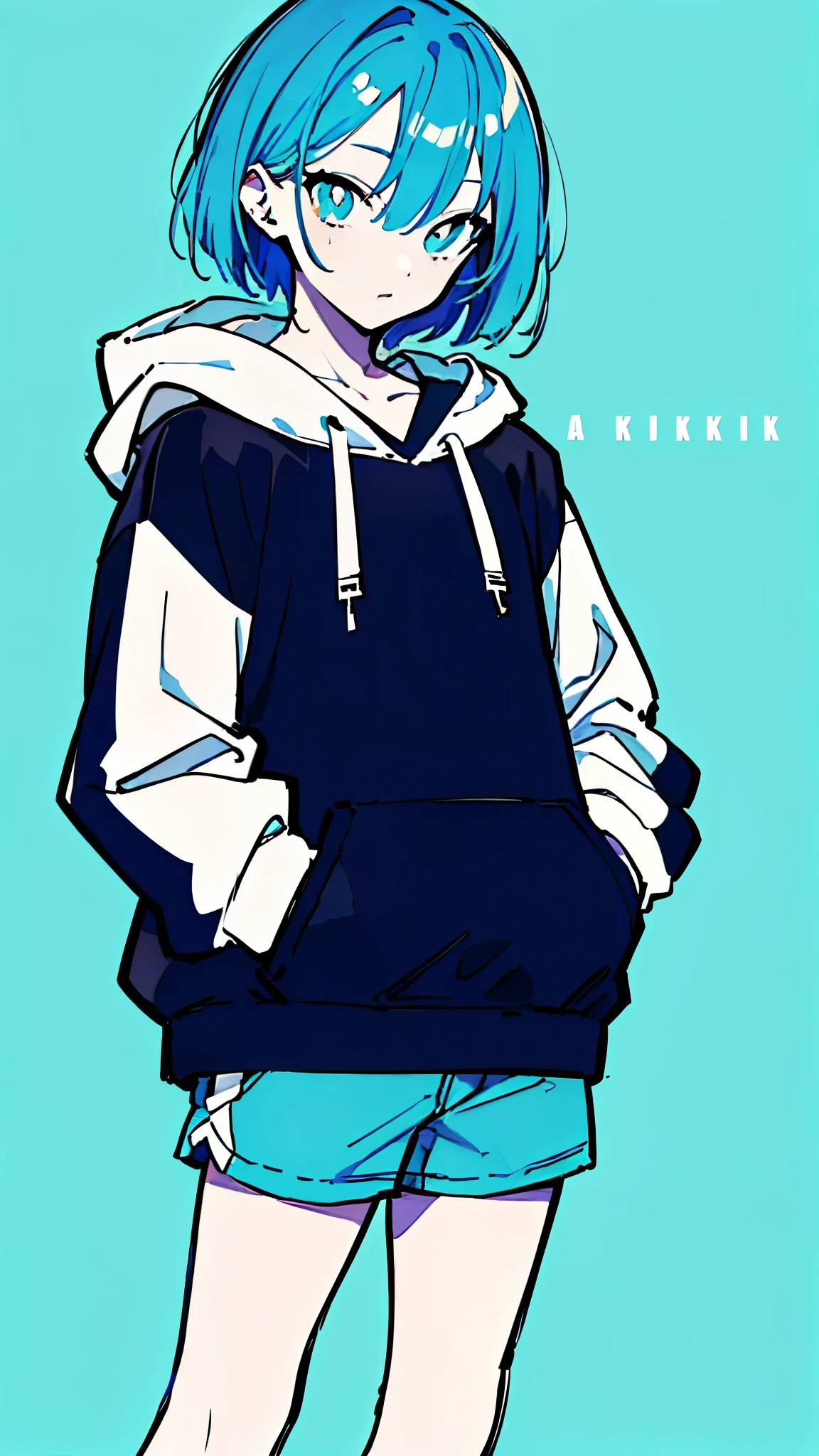 (masterpiece, highest quality:1.6), alone, thick outline, (simple background, light blue background, monochrome, light blue theme:1.2), official art, Key Visual, 8K, disorganized, whole body, (unique hair, Oversized Hoodies, hot pants, arch back, wearing a hood, short torso:1.2), belly button, thighs, cowboy shot, HDR, sharp focus, High resolution, most detailed, very detailed, Super detailed, finely, detailed eyes and face, sharp pupils, realistic student, solo, blue and white contrast, solo, hands in pockets