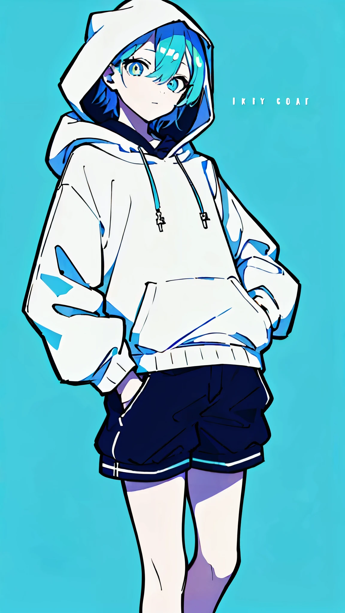 (masterpiece, highest quality:1.6), alone, thick outline, (simple background, light blue background, monochrome, light blue theme:1.2), official art, Key Visual, 8K, disorganized, whole body, (unique hair, Oversized Hoodies, hot pants, arch back, wearing a hood, short torso:1.2), belly button, thighs, cowboy shot, HDR, sharp focus, High resolution, most detailed, very detailed, Super detailed, finely, detailed eyes and face, sharp pupils, realistic student, solo, blue and white contrast, solo, hands in pockets