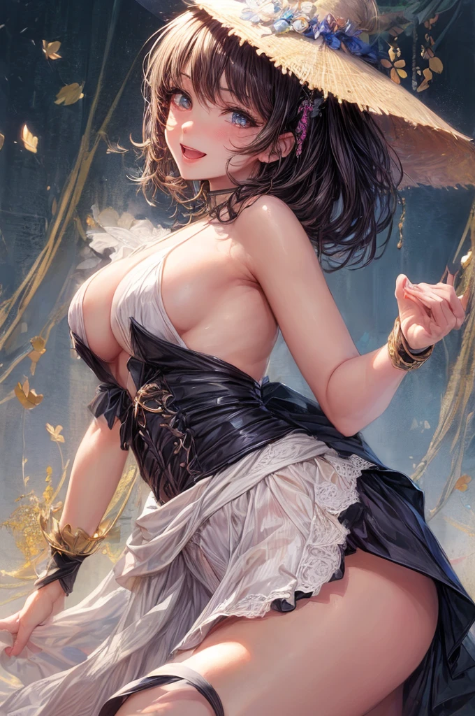 (Close up)(((portrait from waist to head))), ((((CAucasian)))), young girl, masterpiece, high detailed, alluring expression, alluring smile, open mouth:0.8,(((sideshoot))), (((sexy attire))), nsfw, subtle nudity