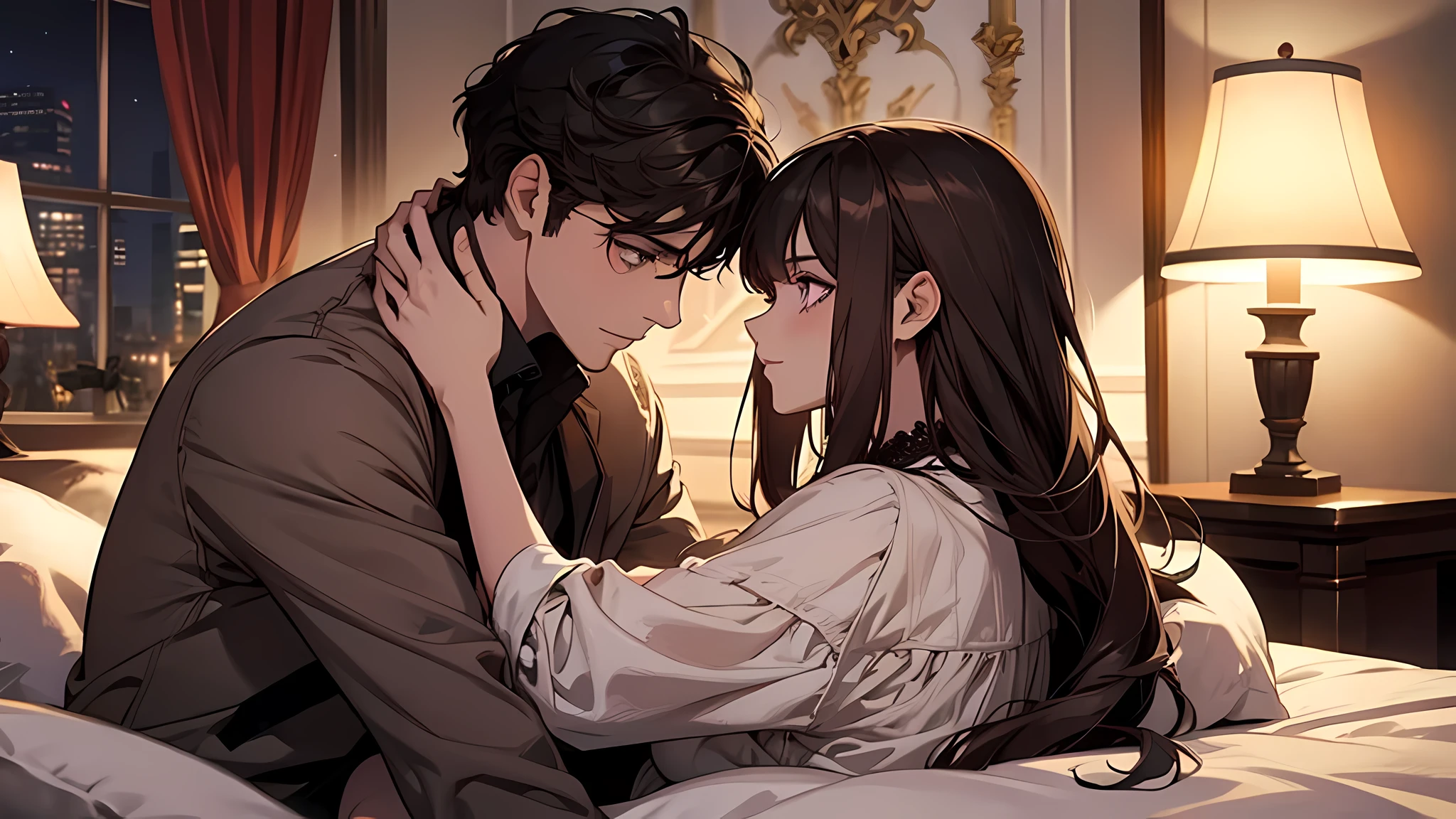 styles, masterpiece, top-quality, Special details, illustratio, Romance, a couple,tenderness, inner strength,a bed,natta, At night,The Atmosphere of Love, Blissful, Girl brown hair, Purple eyes, poneyTail, a couple, date, Profile of a man with black hair,Green eyes, detailed eyes, detailed face, detailed body