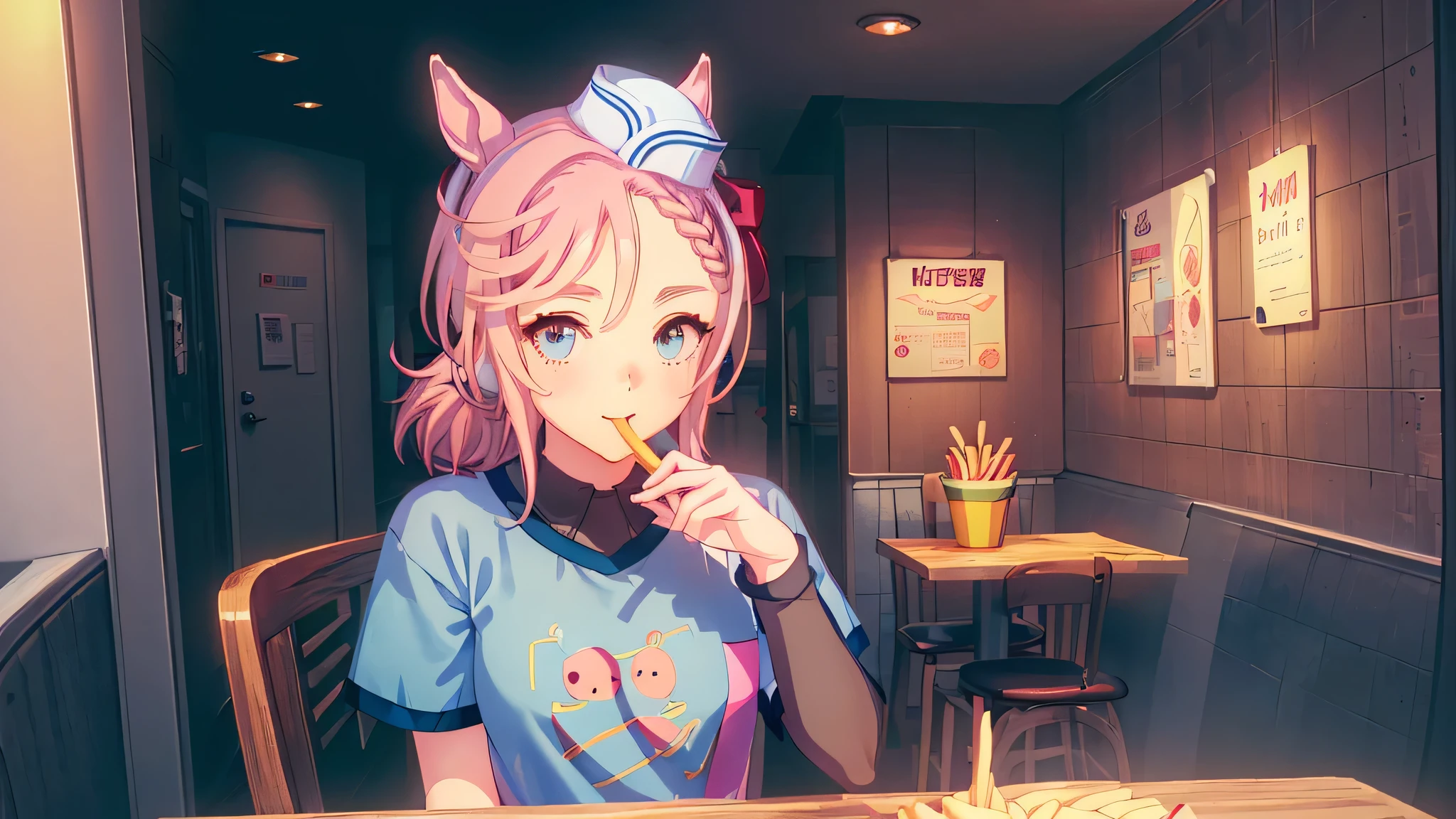 ((8K, 16k, highest quality, masterpiece, very detailed, Super detailed, official art)), semi-realistic illustration, realistic anatomy, 1 girl, , NSFW, pretty girl, (baby face), eyes:1.2, eyes in Highlights), (beautiful eyes, perfect eyes, upward glance), venus spark \(umamusume\), (pink horse tail), (very small breasts), beautiful face, pink short hair, blush, (((looking at the viewer))), ((jeans, Wearing an oversized T-shirt)), (((cute smile:1.2))), (((At McDonald's, Inside a McDonald's store))), (((sit facing the camera, look across the table))), (((Eat french fries, suck on fries))), ((detailed background))