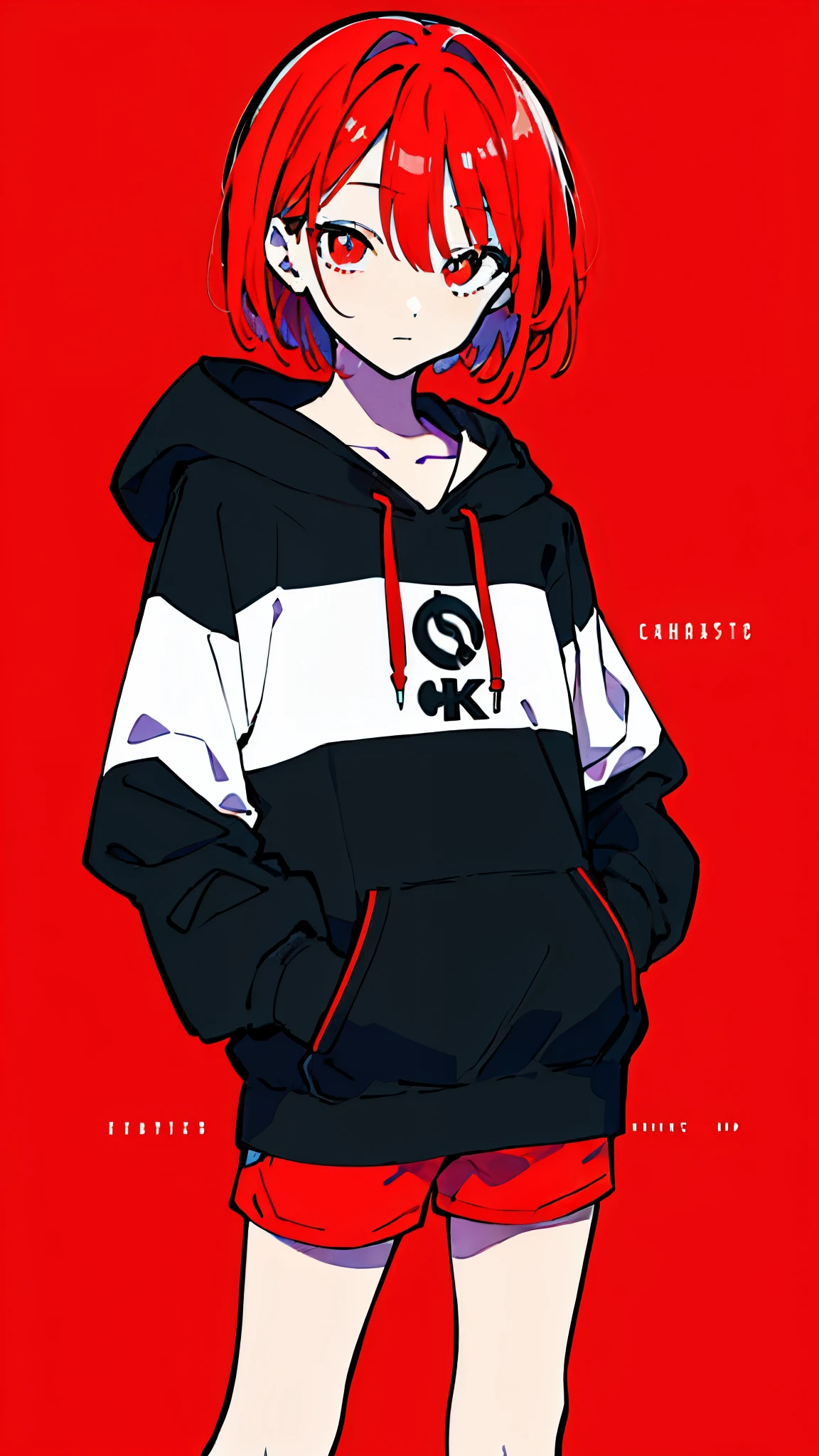 (masterpiece, highest quality:1.6), alone, thick outline, (simple background, bright red background, monochrome, bright red theme:1.2), official art, Key Visual, 8K, disorganized, whole body, (unique hair, Oversized Hoodies, hot pants, wearing a hood, arch back, short torso:1.2), belly button, thighs, cowboy shot, HDR, sharp focus, High resolution, most detailed, very detailed, Super detailed, finely, detailed eyes and face, sharp pupils, realistic student, solo, contrast between red and white, solo, hands in pockets