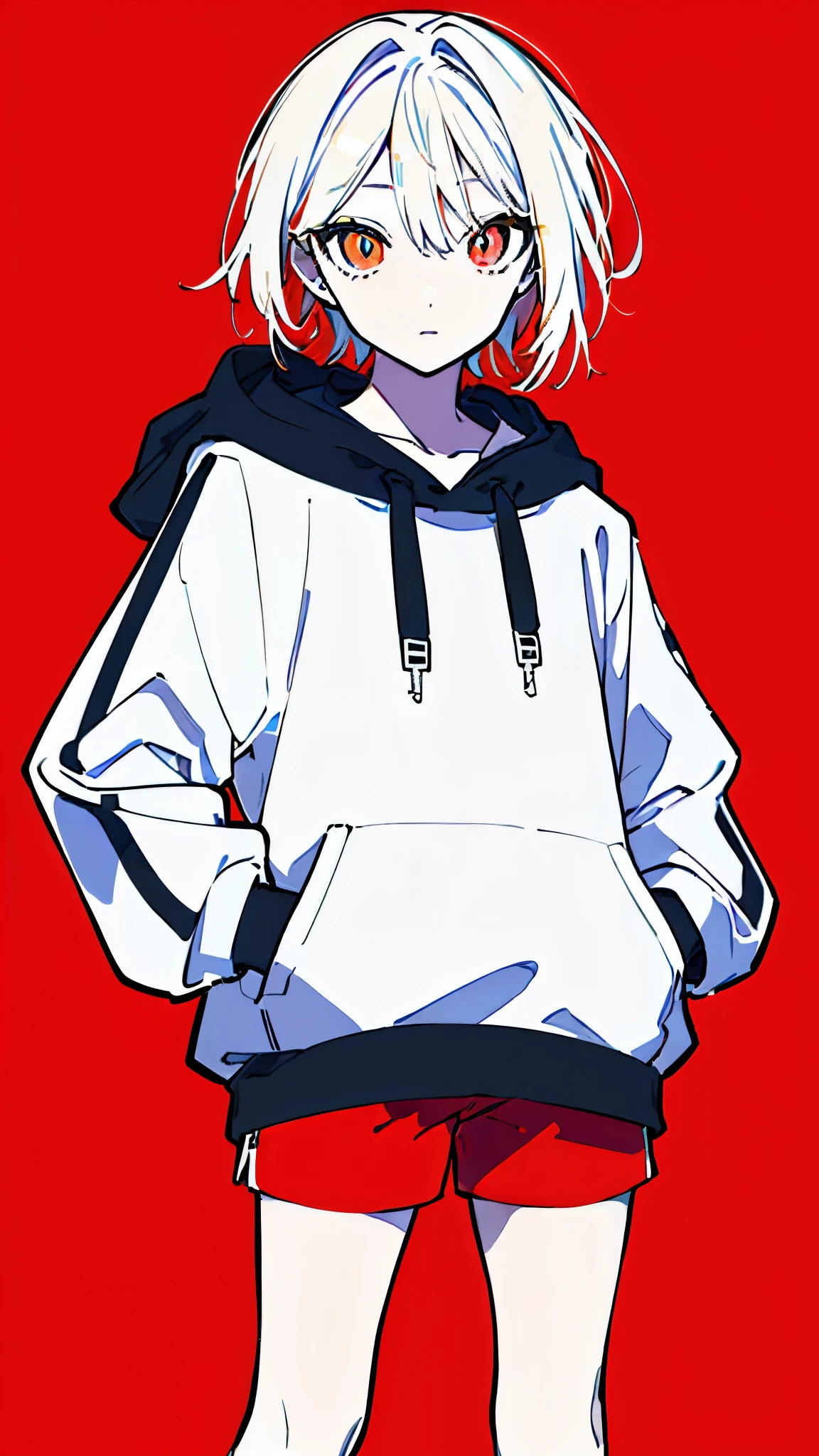 (masterpiece, highest quality:1.6), alone, thick outline, (simple background, bright red background, monochrome, bright red theme:1.2), official art, Key Visual, 8K, disorganized, whole body, (unique hair, Oversized Hoodies, hot pants, wearing a hood, arch back, short torso:1.2), belly button, thighs, cowboy shot, HDR, sharp focus, High resolution, most detailed, very detailed, Super detailed, finely, detailed eyes and face, sharp pupils, realistic student, solo, contrast between red and white, solo, hands in pockets