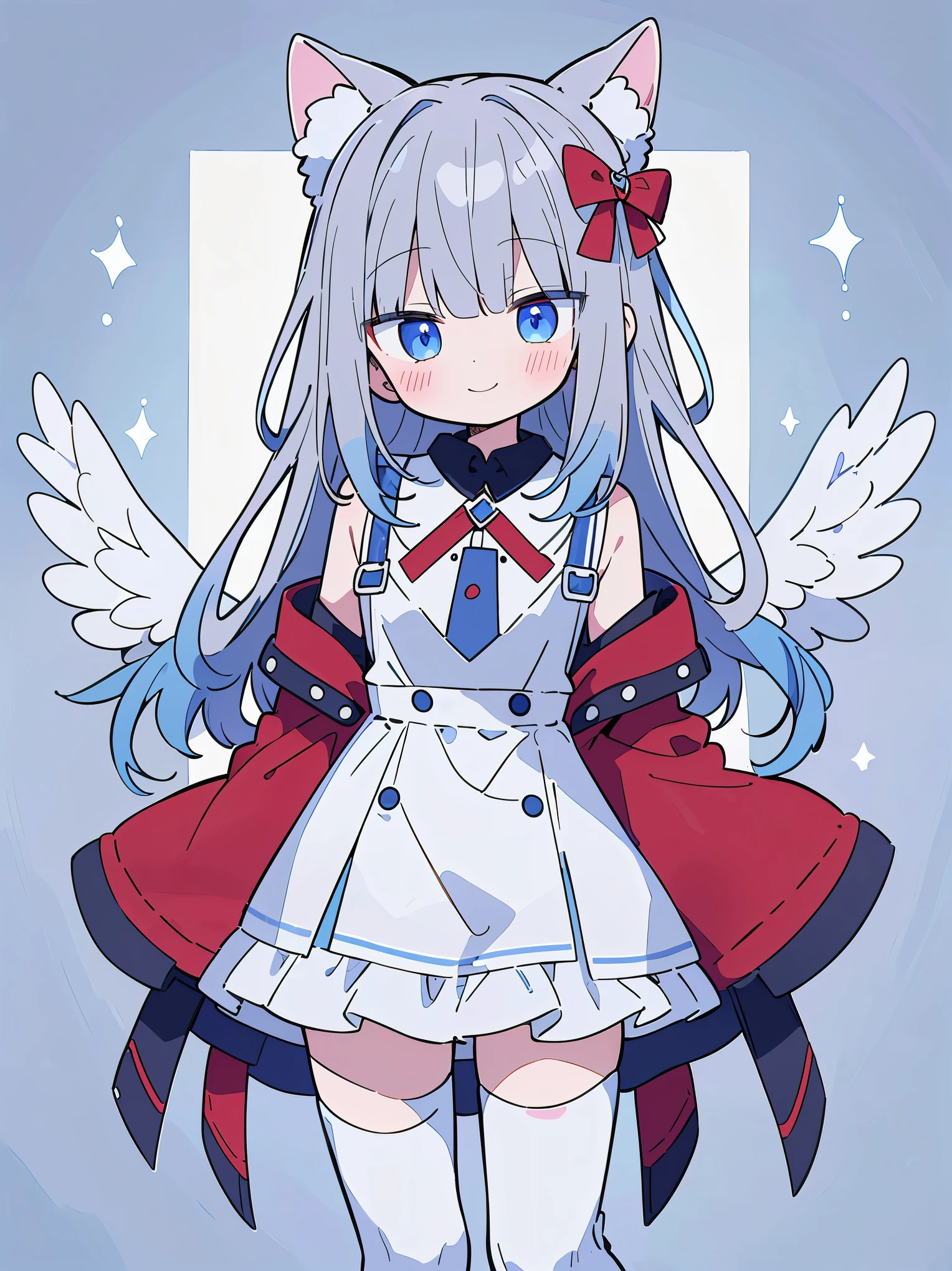 ,colorful,(masterpiece:1,2), highest quality, masterpiece, High resolution, original, highly detailed wallpaper, 1 girl ,smile,alone, gray hair, blue eyes, original_clothing,red cloak,white pants, gloves, chest, uniform, large chest