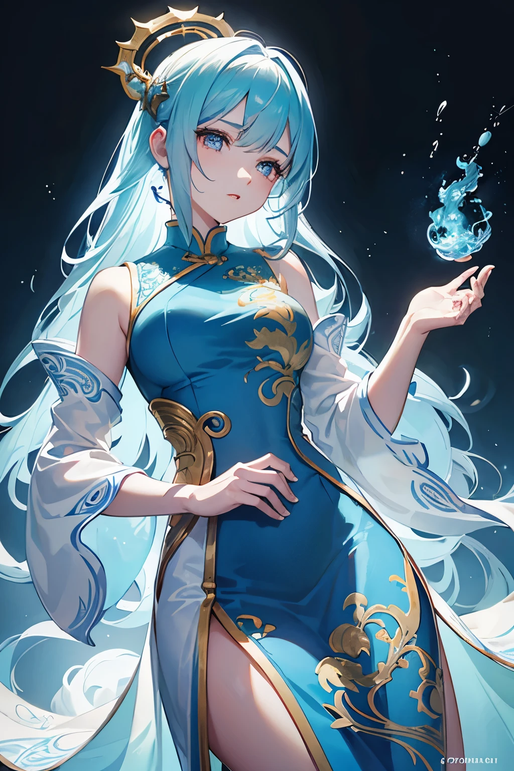 Dragon Horn，Light blue cheongsam，woman，A thousand flavors，masterpiece:1.2), best quality, (illustration:1.2), (Super detailed), Super details, (Delicate and meticulous), (intricate details), (Light, best quality Backlights), clear lines，(Shy: 1.2 ), (cosmetic), high contrast, (best lighting, Extremely creative and beautiful), (Light), rich and colorful