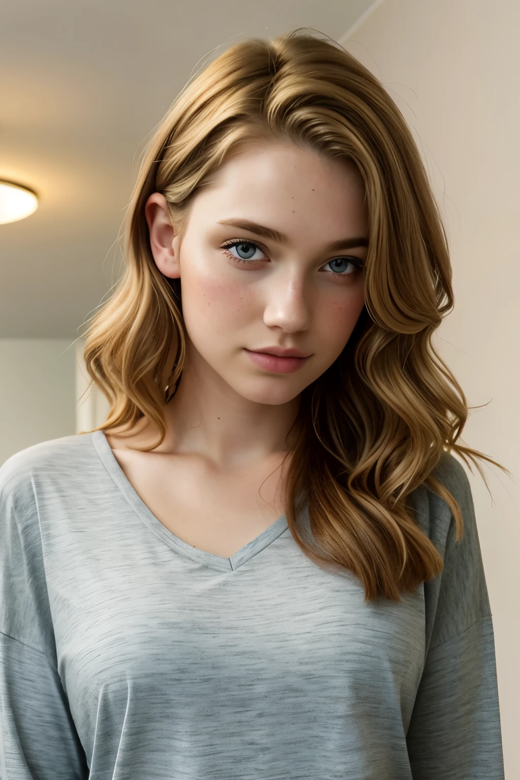 1 girl in, 19 years old, alone, Aesthetic art, Irish, Strawberry blonde wavy hair, short hair, gray eyes, light gray eyes, There are some small freckles., Pale skin, Big tits, (The surface is textured., hair follicles: 1.1), Goosebumps, Wear stylish casual clothes., sexy pose