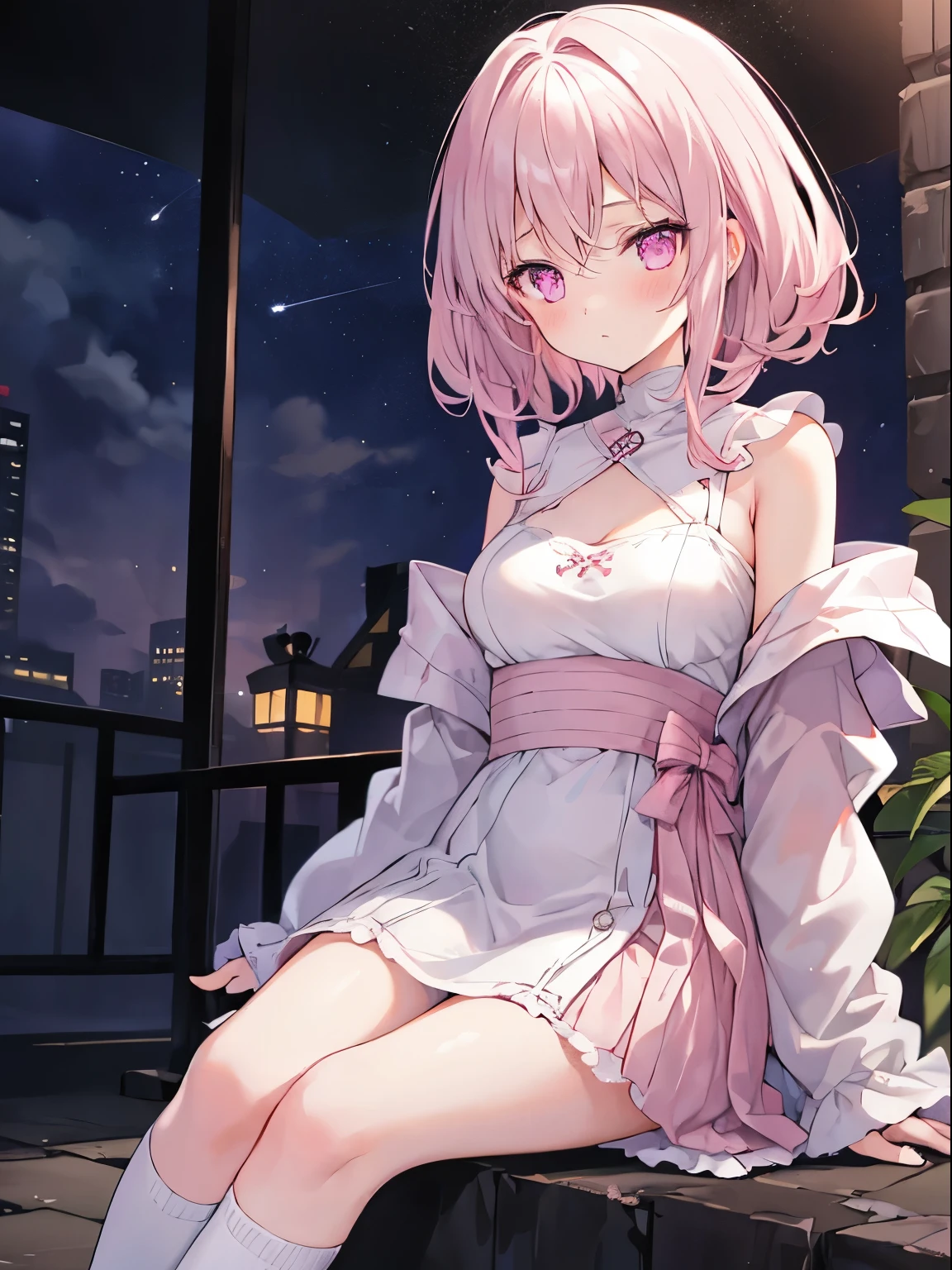 1girl in, White medium hair, Light pink eyes, center parted hair, Cute, blush, medium breasts, sitting, under ground, dark room, night