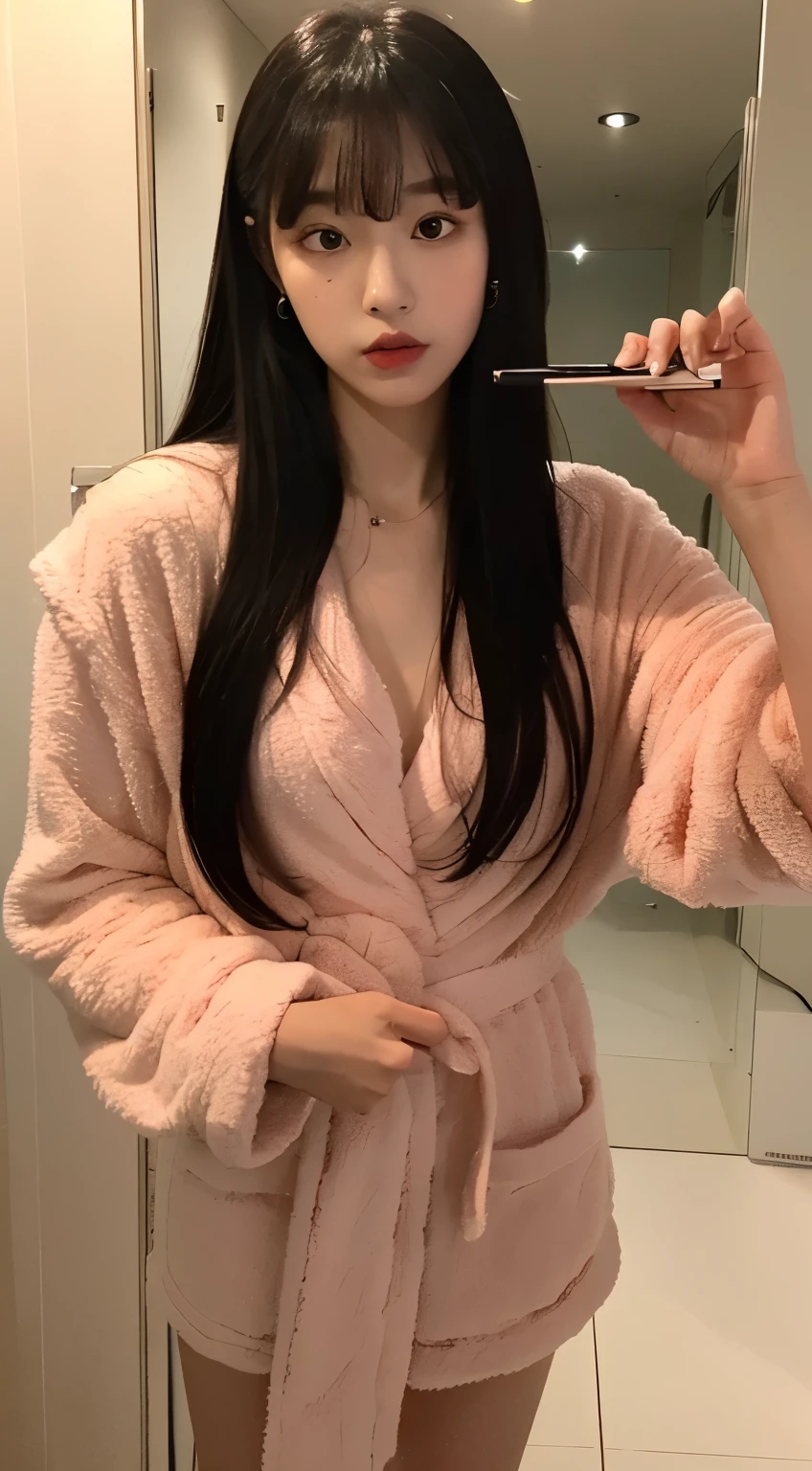 ((midnight, need, 8K, master piece:1.3)), KPop Girl Korean. 18-year-old. body. slim. thin. fascinating. ((makeup face. peach lipstick)) Long layered bangs creepy bathrobe)) stand. in the bathroom