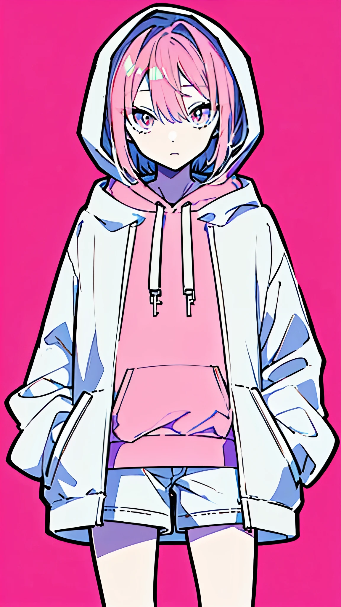 (masterpiece, highest quality:1.6), alone, thick outline, (simple background, light pink background, monochrome, light pink theme:1.2), official art, Key Visual, 8K, disorganized, whole body, (unique hair, Oversized Hoodies, hot pants, wearing a hood, arch back, short torso:1.2), belly button, thighs, cowboy shot, HDR, sharp focus, High resolution, most detailed, very detailed, Super detailed, finely, detailed eyes and face, sharp pupils, realistic student, solo, pink and white contrast, solo, hands in pockets