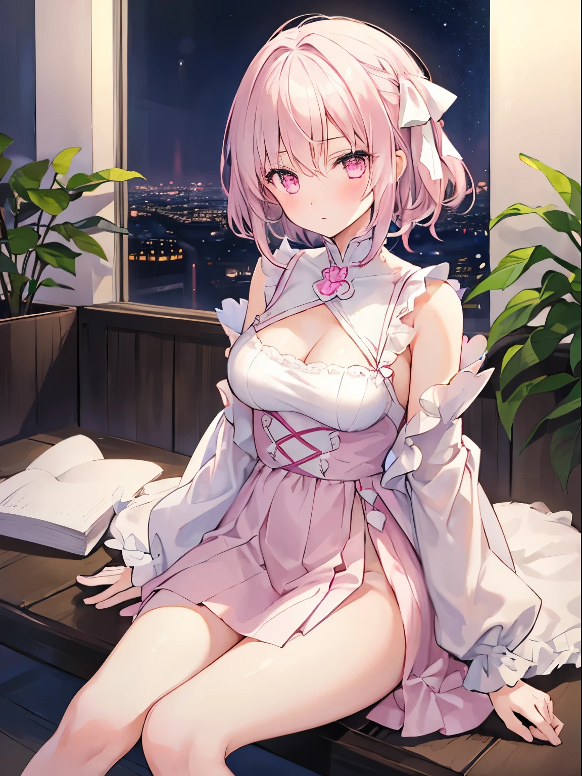 1girl in, White medium hair, Light pink eyes, center parted hair, Cute, blush, medium breasts, sitting, dark room, night