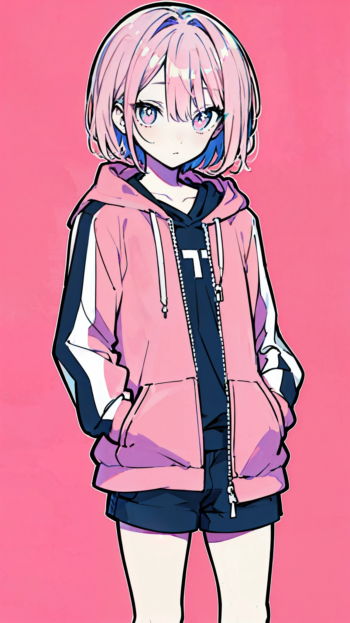 (masterpiece, highest quality:1.6), alone, thick outline, (simple background, light pink background, monochrome, light pink theme:1.2), official art, Key Visual, 8K, disorganized, whole body, (unique hair, Oversized Hoodies, hot pants, wearing a hood, arch back, short torso:1.2), belly button, thighs, cowboy shot, HDR, sharp focus, High resolution, most detailed, very detailed, Super detailed, finely, detailed eyes and face, sharp pupils, realistic student, solo, pink and white contrast, solo, hands in pockets