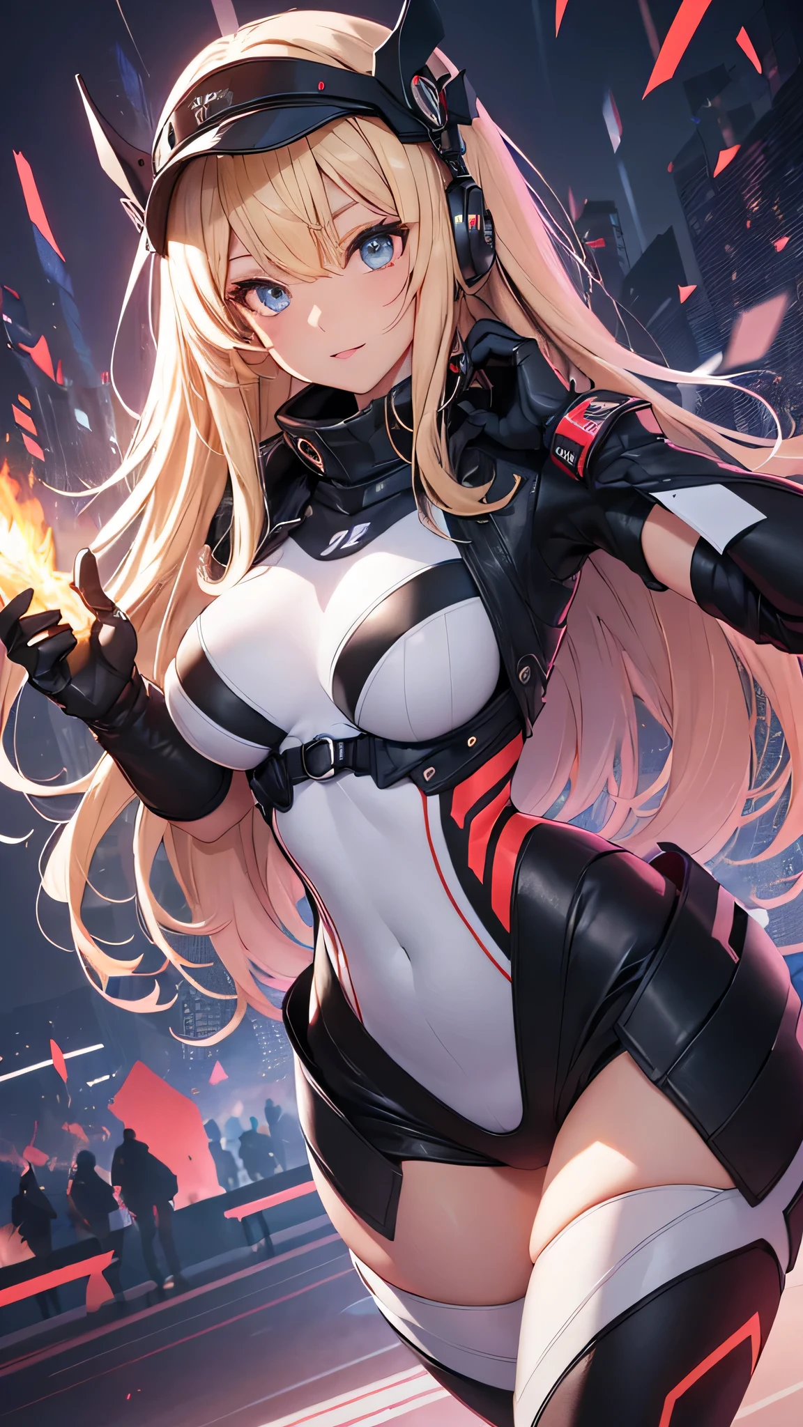 最high quality、best image quality、masterpiece、Android Girl((Robot body、20-year-old、 By becoming、vest bust、medium bust,wide open breast tea、black eye, blonde hair、long hair、thin,highest valley、glowing battle uniform、elationのある動き、Leaning forward heavily、Feeling of sprinting、glowing head visor、carry two handguns)),high quality、beautiful art、background((huge hall venue、high speed、Red laser))、debris flies、書かれた境界のdepth、movie、visual art、perfect art、8K,genuine、elation、Dynamic expression(1:2)、elation、depth((big explosion))