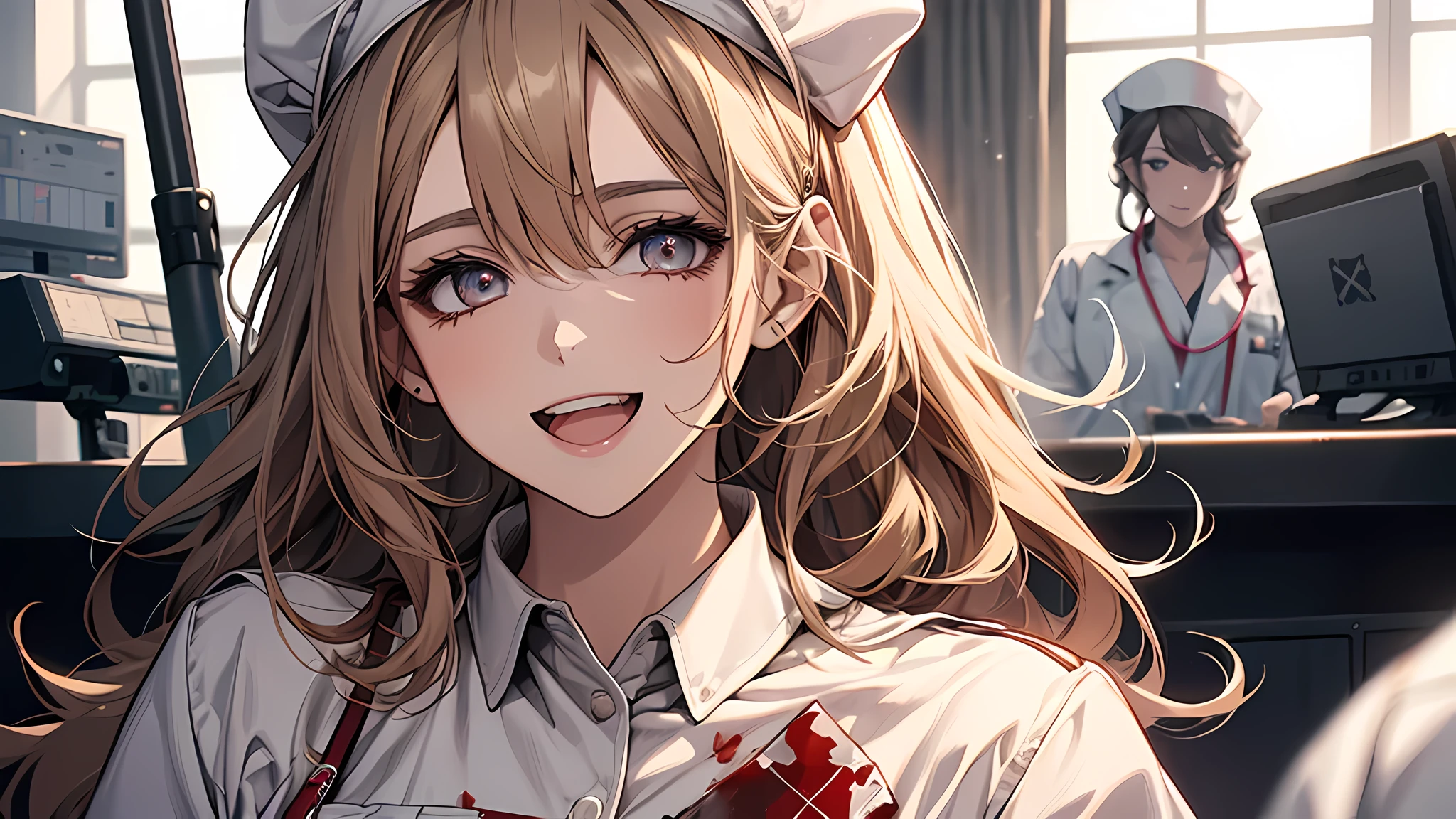 one-girl,nurses((There is a five-pointed star in the eye))Gorgeous Hair in Long brown,Smile,Open mouth ,nurses,hospitals,White nurse clothes,White nurse hat,looki at viewer,Blood, detailed eyes, detailed face