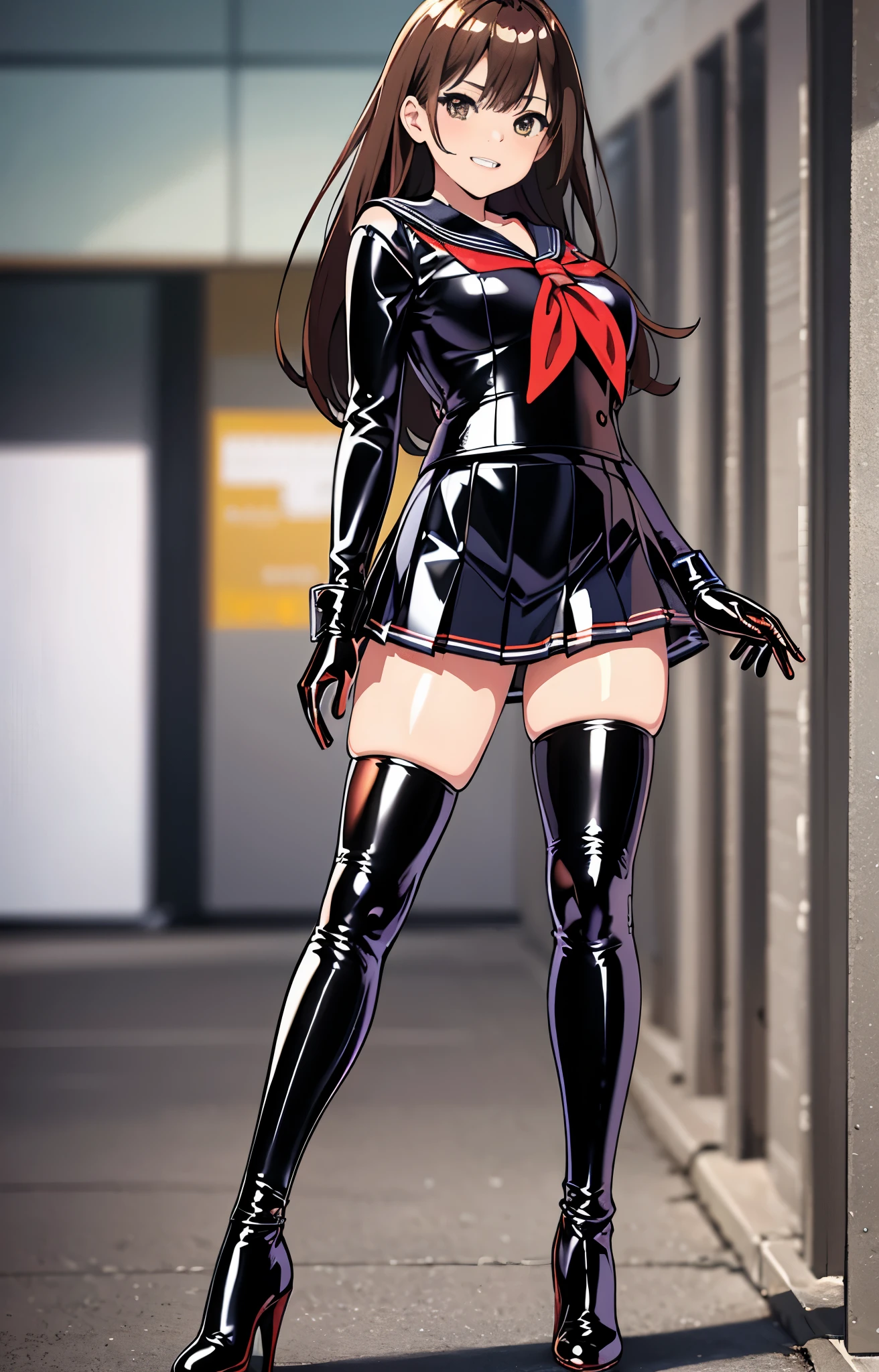 official art, Highly detailed CG Unity 8K wallpaper, highest quality, masterpiece, High resolution,shiny latex thigh-high boots, Brown straight long hair, brown belt,  leather shoulder bag、latex gloves,  (shiny latex sailor suit:1.6)、（Latex School Uniform)、(shiny latex pleated skirt:1.6)、 Leather texture, full body photo, melon face, small face, （big breasts）、（grinning grin）、（latex high heels）、tread on、kicking