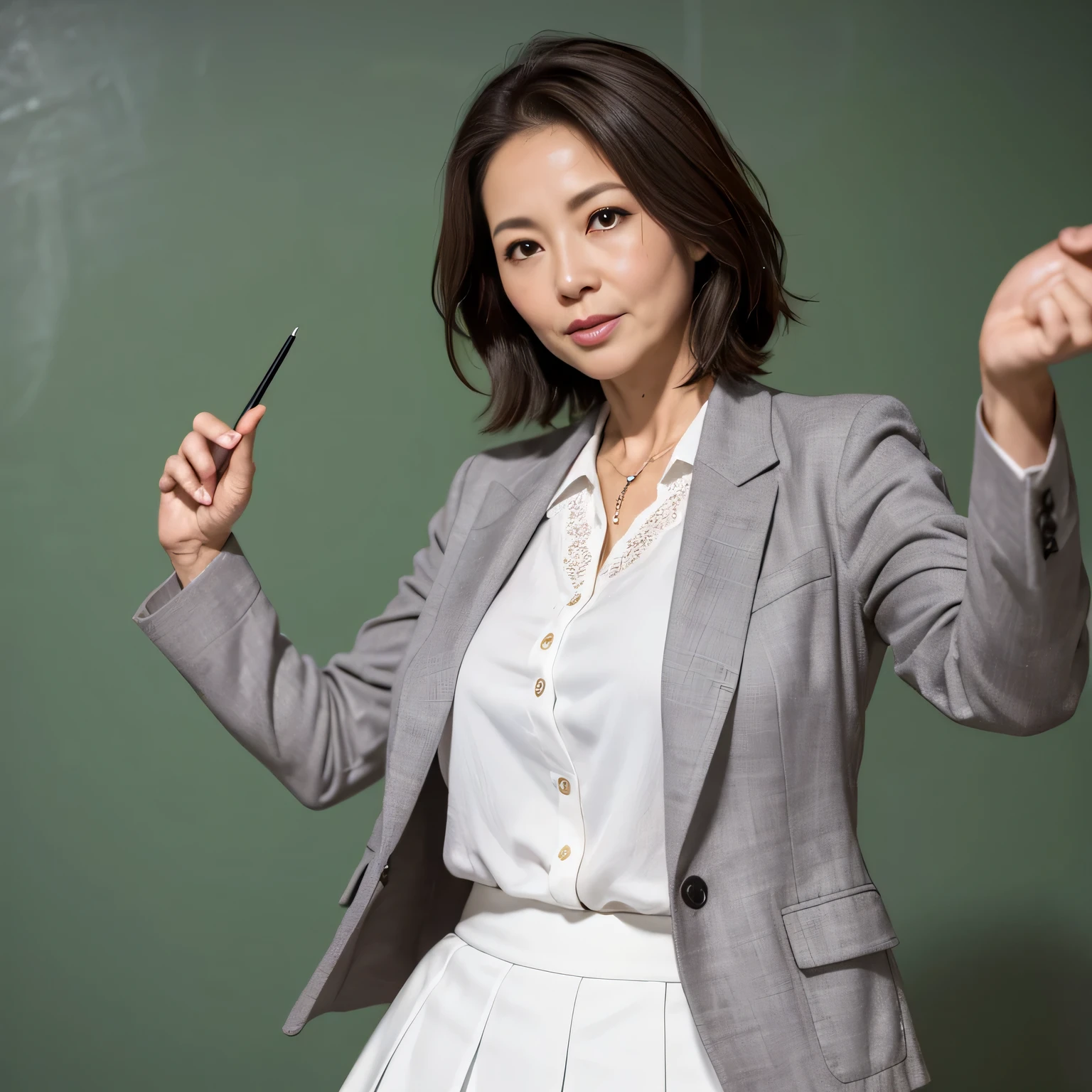High resolution, High level image quality, high detail, masterpiece, rough skin, anatomically correct, sharp,
classroom background,
((japanese mature, 50 years old)), alone, ((facial wrinkles)), good shape big breasts, Straight light brown hair that reaches to the shoulders,
(((write on the blackboard,))), Staring straight ahead with an open mouth and a tired face,
((gray blazer, white blouse, white skirt,))