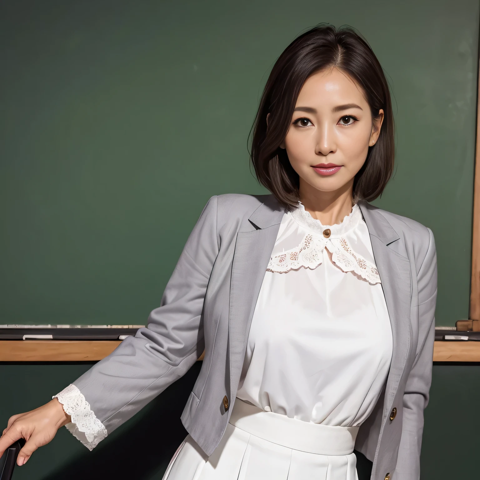 High resolution, High level image quality, high detail, masterpiece, rough skin, anatomically correct, sharp,
classroom background,
((japanese mature, 50 years old)), alone, ((facial wrinkles)), good shape big breasts, Straight light brown hair that reaches to the shoulders,
(((write on the blackboard,))), Staring straight ahead with an open mouth and a tired face,
((gray blazer, white blouse, white skirt,))