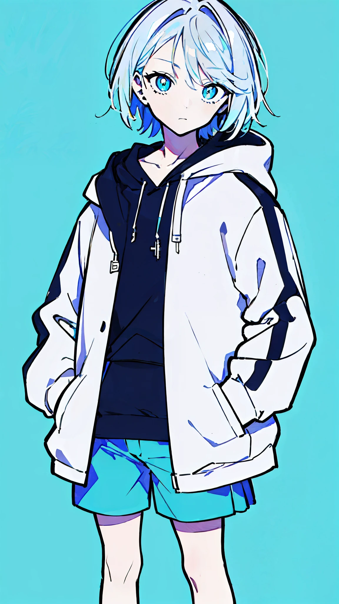 (masterpiece, highest quality:1.6), alone, thick outline, (simple background, light blue background, monochrome, light blue theme:1.2), official art, Key Visual, 8K, disorganized, whole body, (unique hair, Oversized Hoodies, hot pants, wearing a hood, arch back, short torso:1.2), belly button, thighs, cowboy shot, HDR, sharp focus, High resolution, most detailed, very detailed, Super detailed, finely, detailed eyes and face, sharp pupils, realistic student, solo, blue and white contrast, solo, hands in pockets