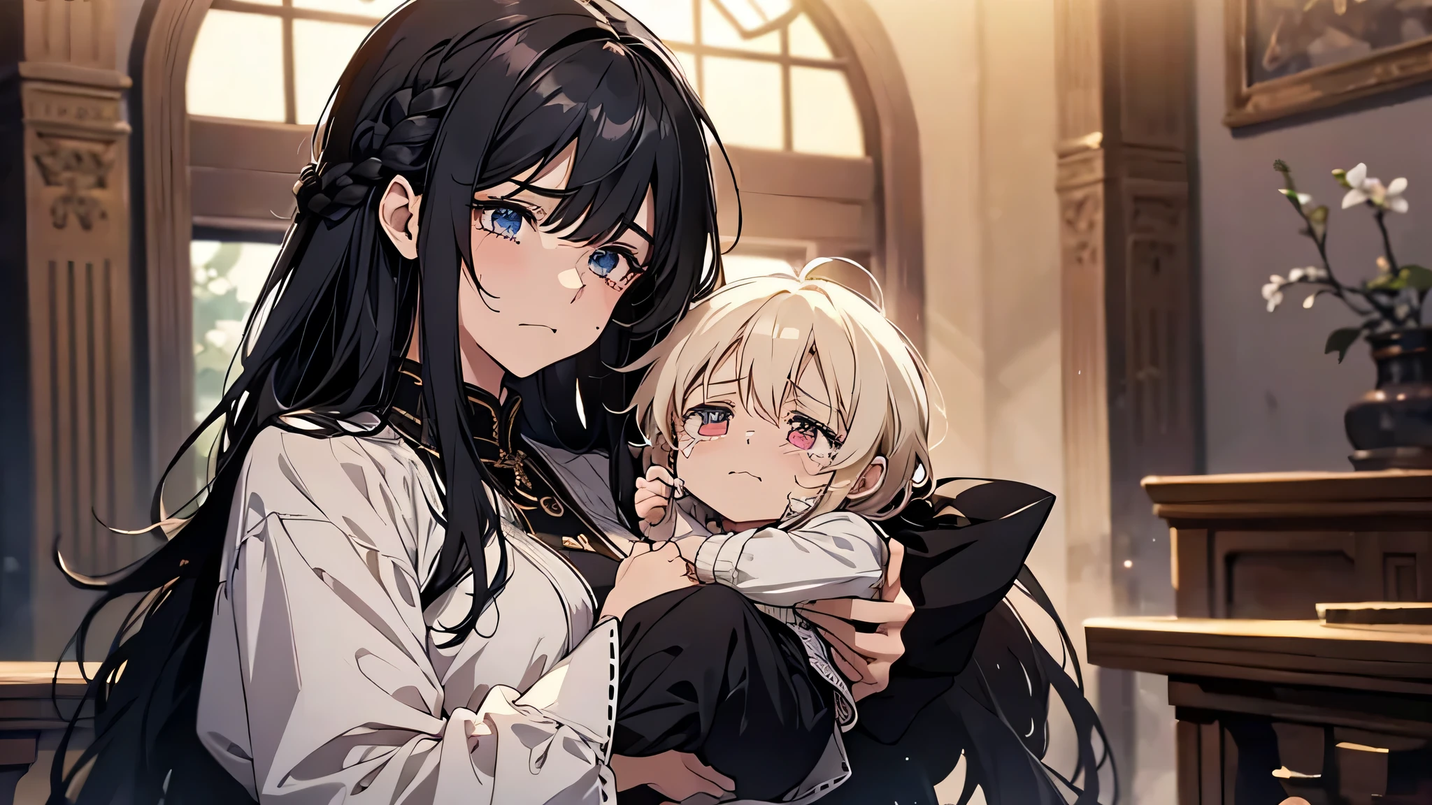 In a village room, a woman with long black hair and a braid and a white blouse holds a and tears at the camera (frown 1.5) (desperate expression 1.5) (background is in the village room 1.5) Anime style 4 K, anime rendering, anime style. 8K, upper body display 1.5) (cinematic lighting 1.5), detailed eyes, detailed body, perfect face, perfect body