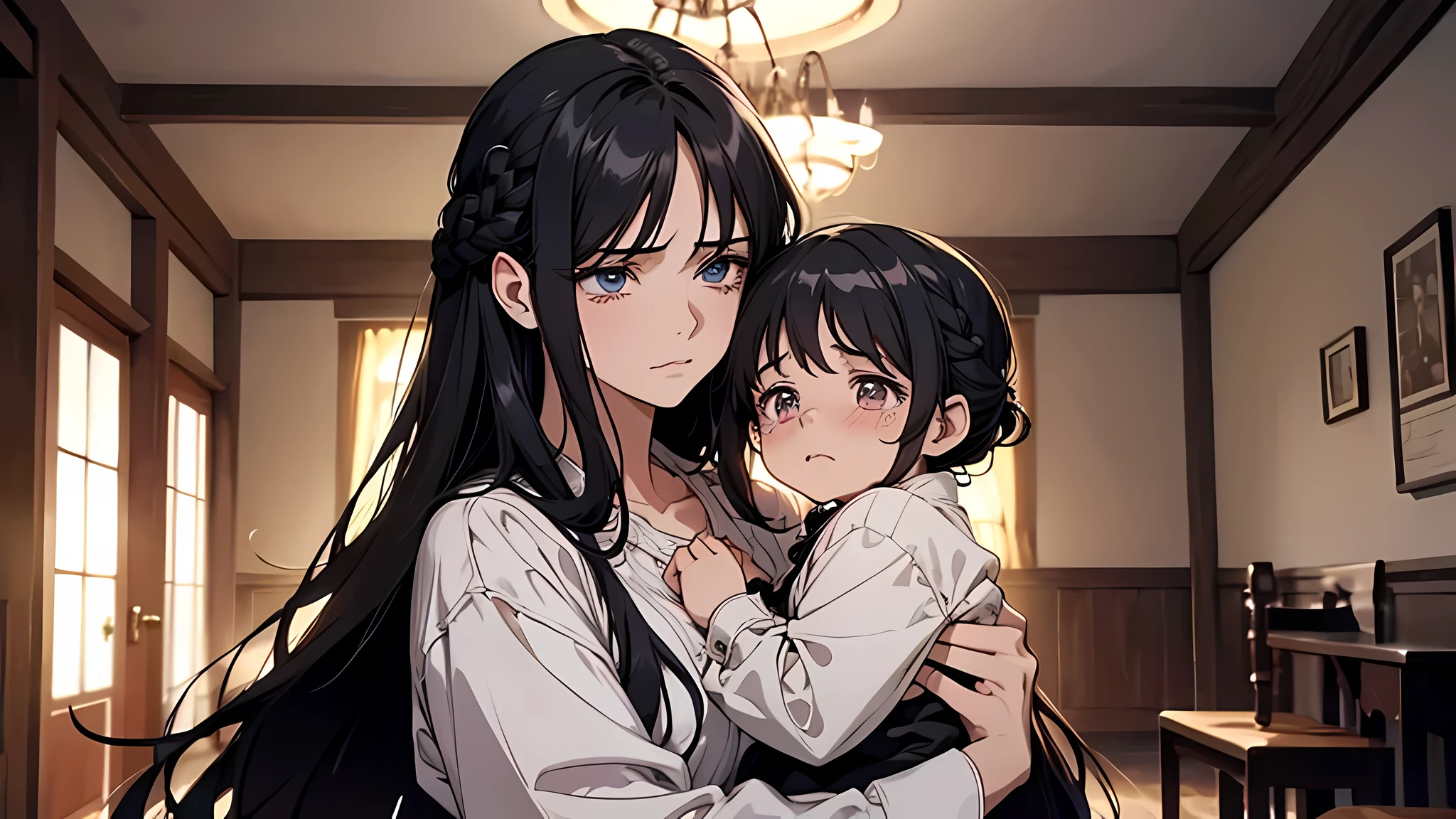 In a village room, a woman with long black hair and a braid and a white blouse holds a and tears at the camera (frown 1.5) (desperate expression 1.5) (background is in the village room 1.5) Anime style 4 K, anime rendering, anime style. 8K, upper body display 1.5) (cinematic lighting 1.5), detailed eyes, detailed body, perfect face, perfect body