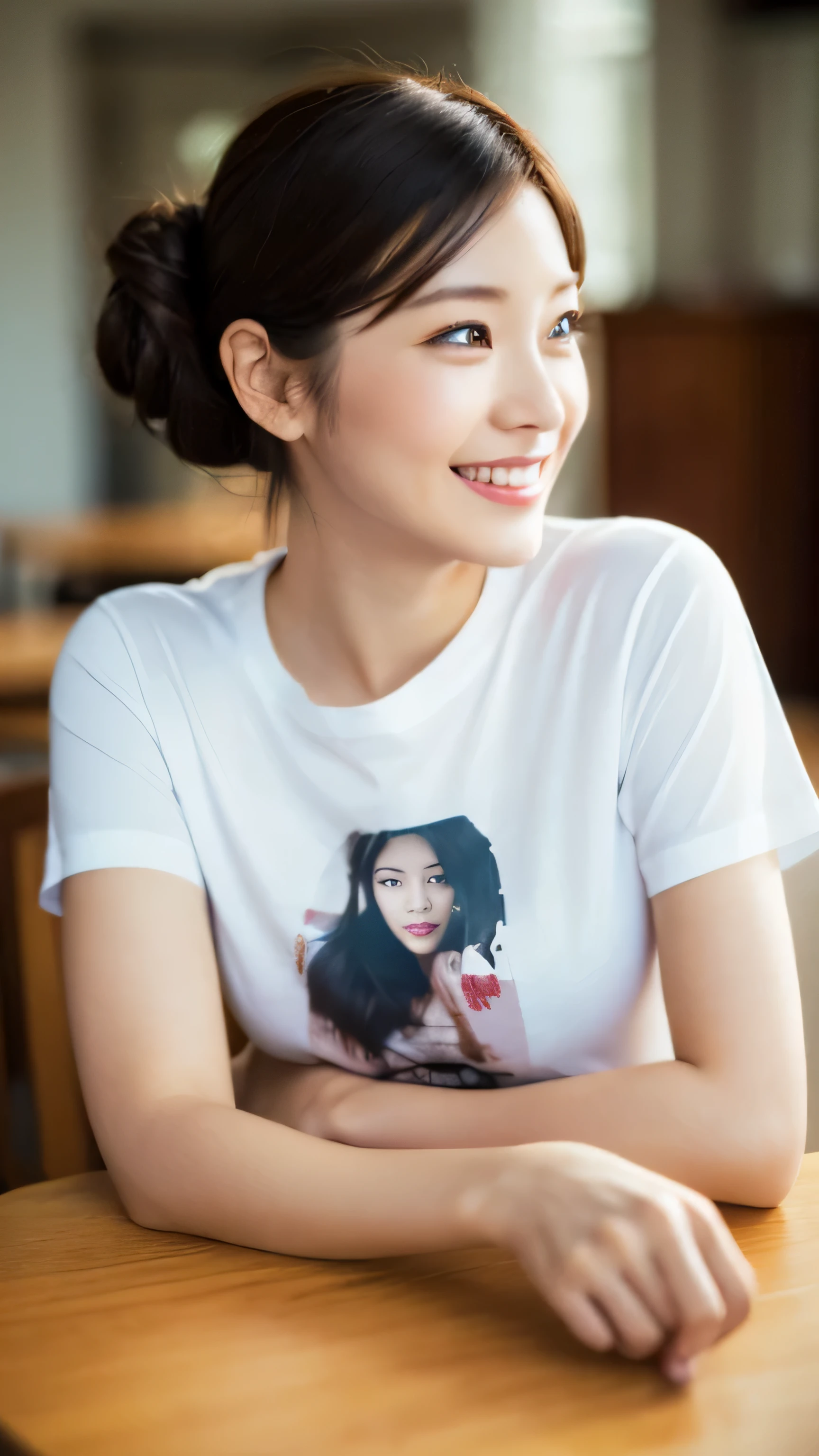 (table top:1.3), (8K, realistic, RAW photo, highest quality: 1.4), Japanese, beautiful face, (lifelike face), (color々hairstyle:1.3), realistic eyes, beautiful eyes, (real skin), beautiful skin, 超High resolution, 超realistic, High resolution, beautiful japanese woman、(T-shirt:1.5)、(I can see the side:1.4)、(raise your arms:1.3)、smile、