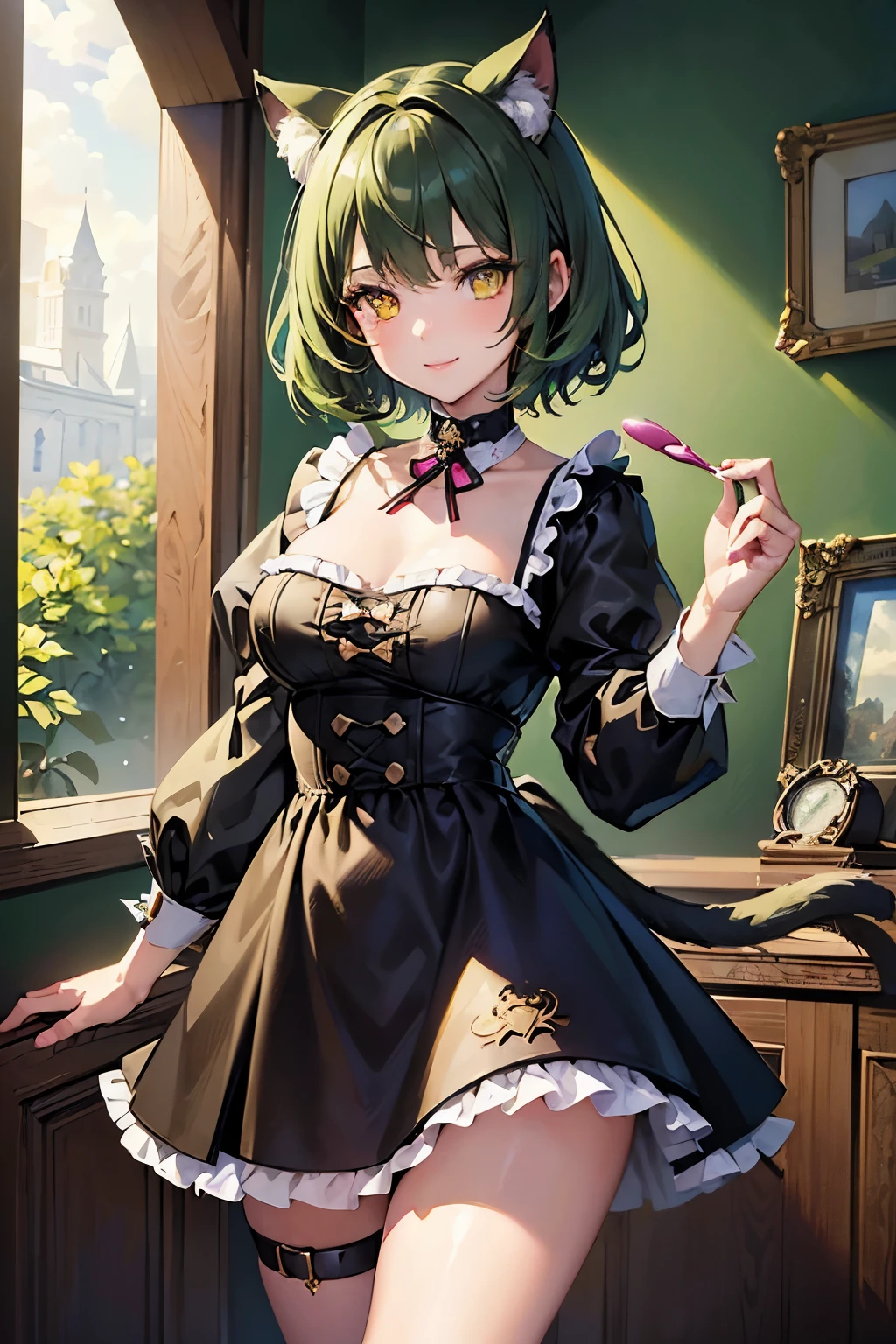 (Best quality:1.1), (Masterpiece:1.4), (Illustration fantastique:1.2), 1fille, ((bimbo)), Cute girl, yellow eyes, short dark green hair, cat ears, cat collar, cat tail, Beautiful eyes, better hands, High quality, short dark green hair, She smiles
