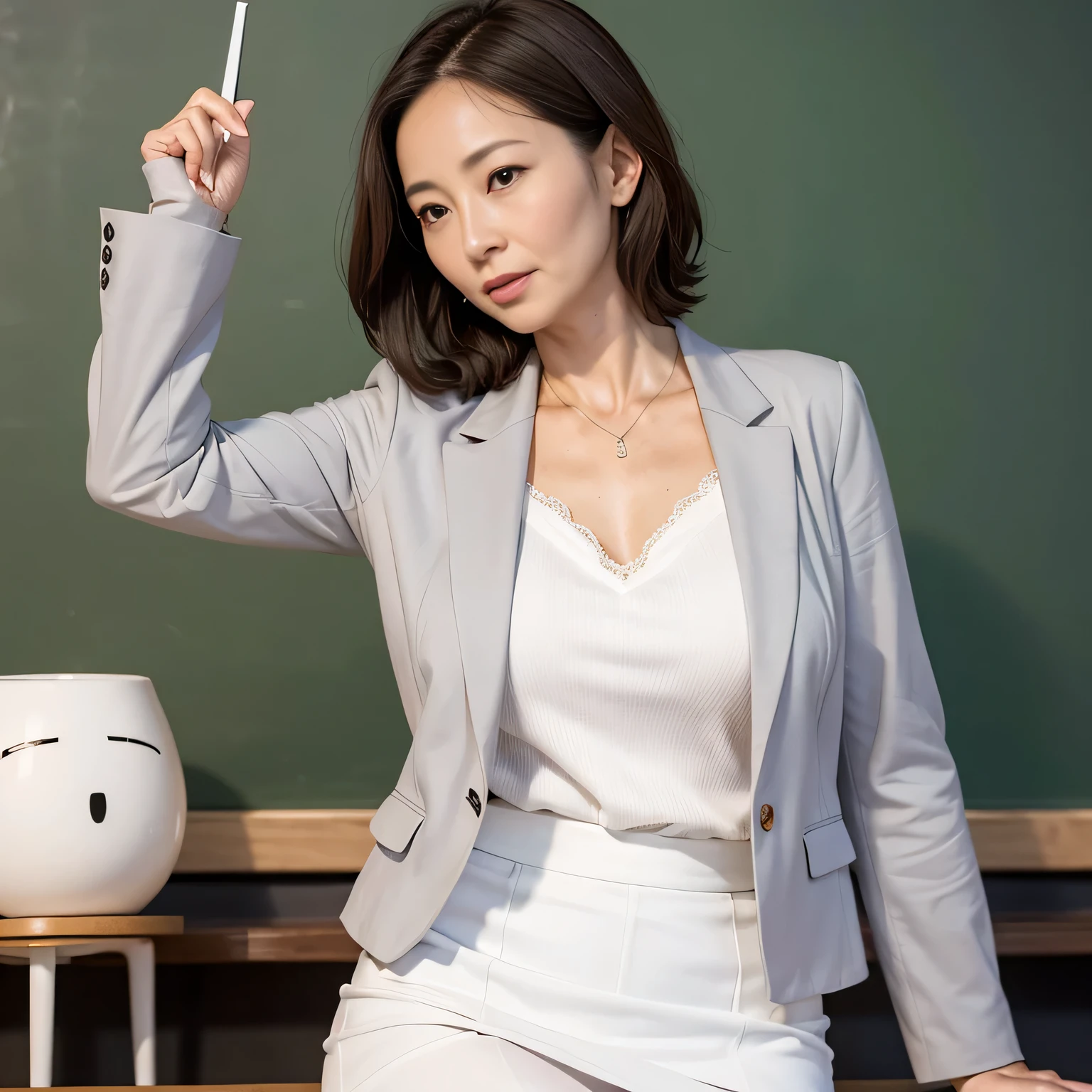 High resolution, High level image quality, high detail, masterpiece, rough skin, anatomically correct, sharp,
classroom background,
((japanese mature, 50 years old)), alone, ((facial wrinkles)), good shape big breasts, Straight light brown hair that reaches to the shoulders,
(((write on the blackboard,))), Staring straight ahead with an open mouth and a tired face,
((gray blazer, white blouse, white skirt,))