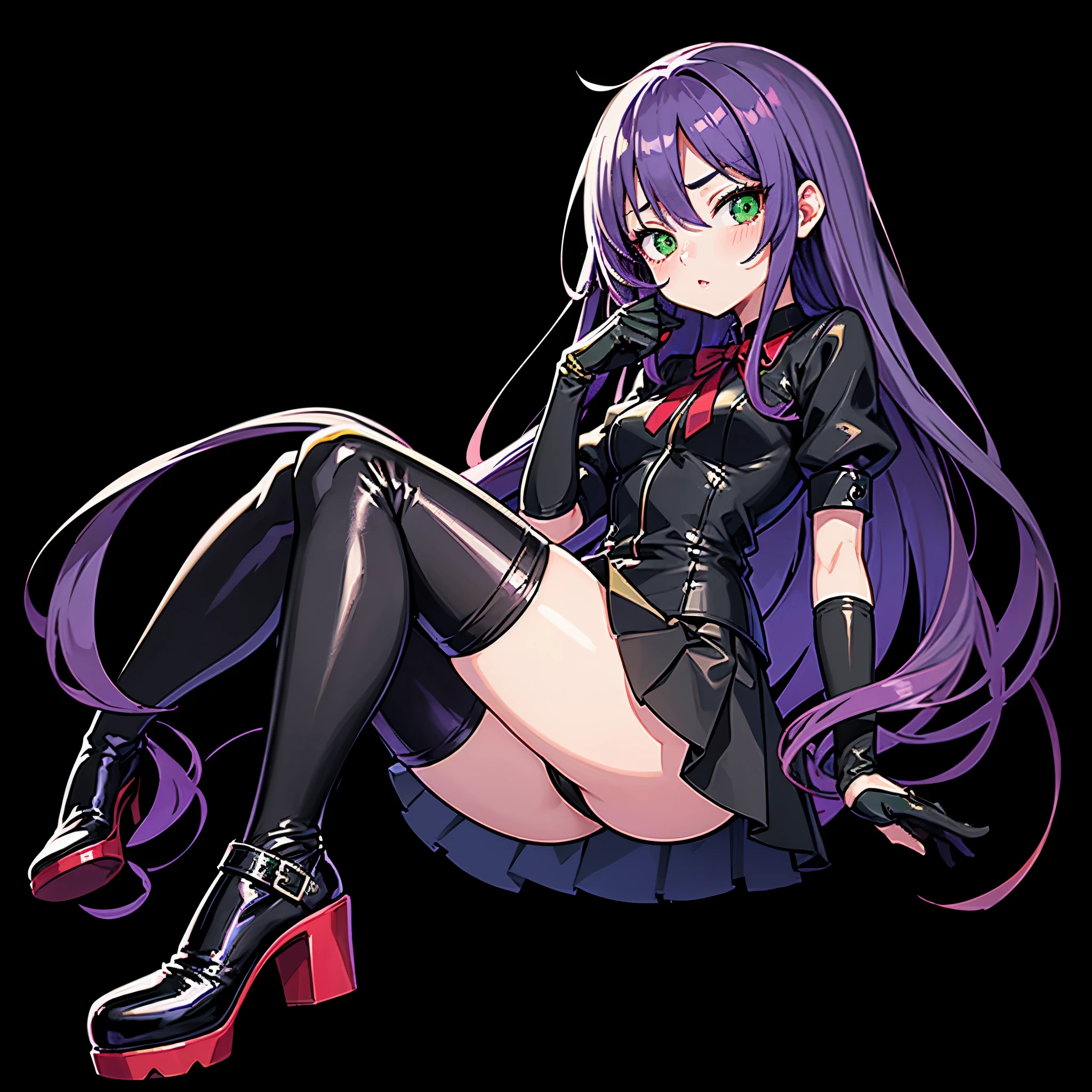 cute anime girl, long purple hair, beautiful green eyes, black skirt, black gloves, black over-knee socks, red high-heel shoes, confused, anime, negative space, from below, UHD, masterpiece, accurate, anatomically correct, super detail, high quality, highres