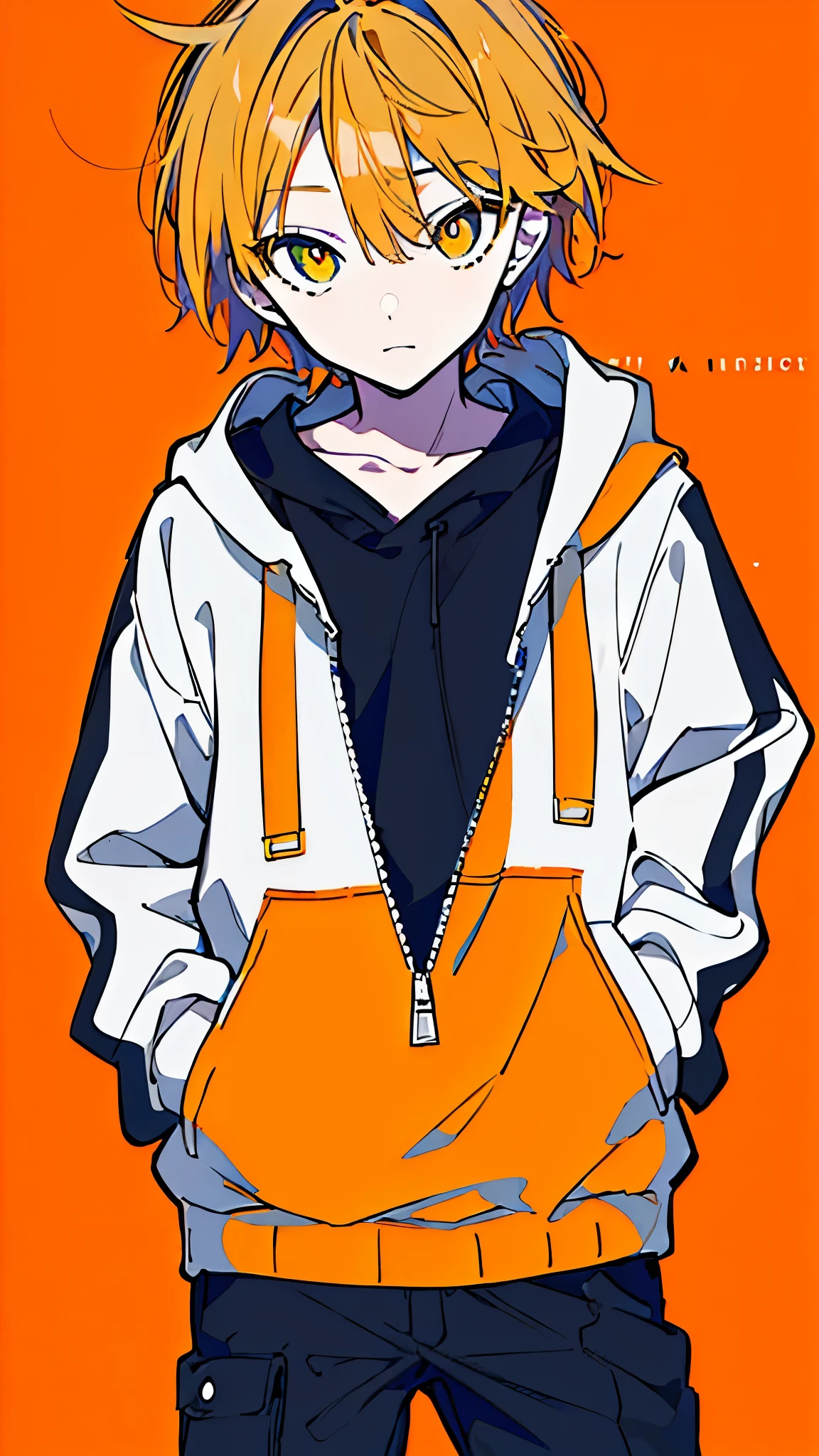 (masterpiece, highest quality:1.6), alone, thick outline, (simple background, light orange background, monochrome, light orange theme:1.2), official art, Key Visual, 8K, disorganized, whole body, (unique hair, Oversized Hoodies, hot pants, arch back, short torso:1.2), belly button, thighs, cowboy shot, HDR, sharp focus, High resolution, most detailed, very detailed, Super detailed, finely, detailed eyes and face, sharp pupils, realistic student, solo, orange and white contrast, solo, hands in pockets